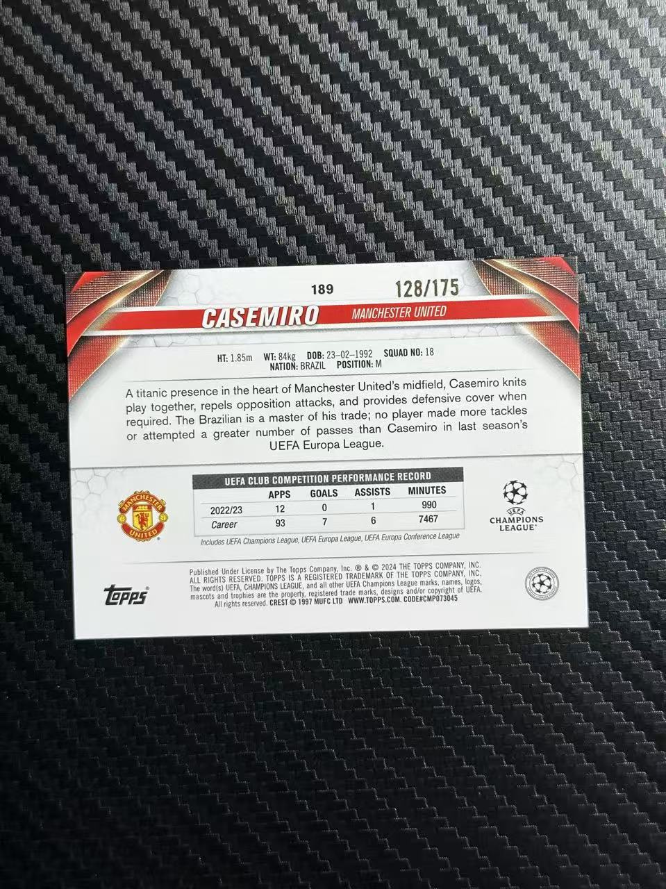 2024 Topps UCC Casemiro 欧冠 碧玉 卡塞米罗 曼联 巴西 蓝玉折 128/175编 卡品如图 拍前看描述