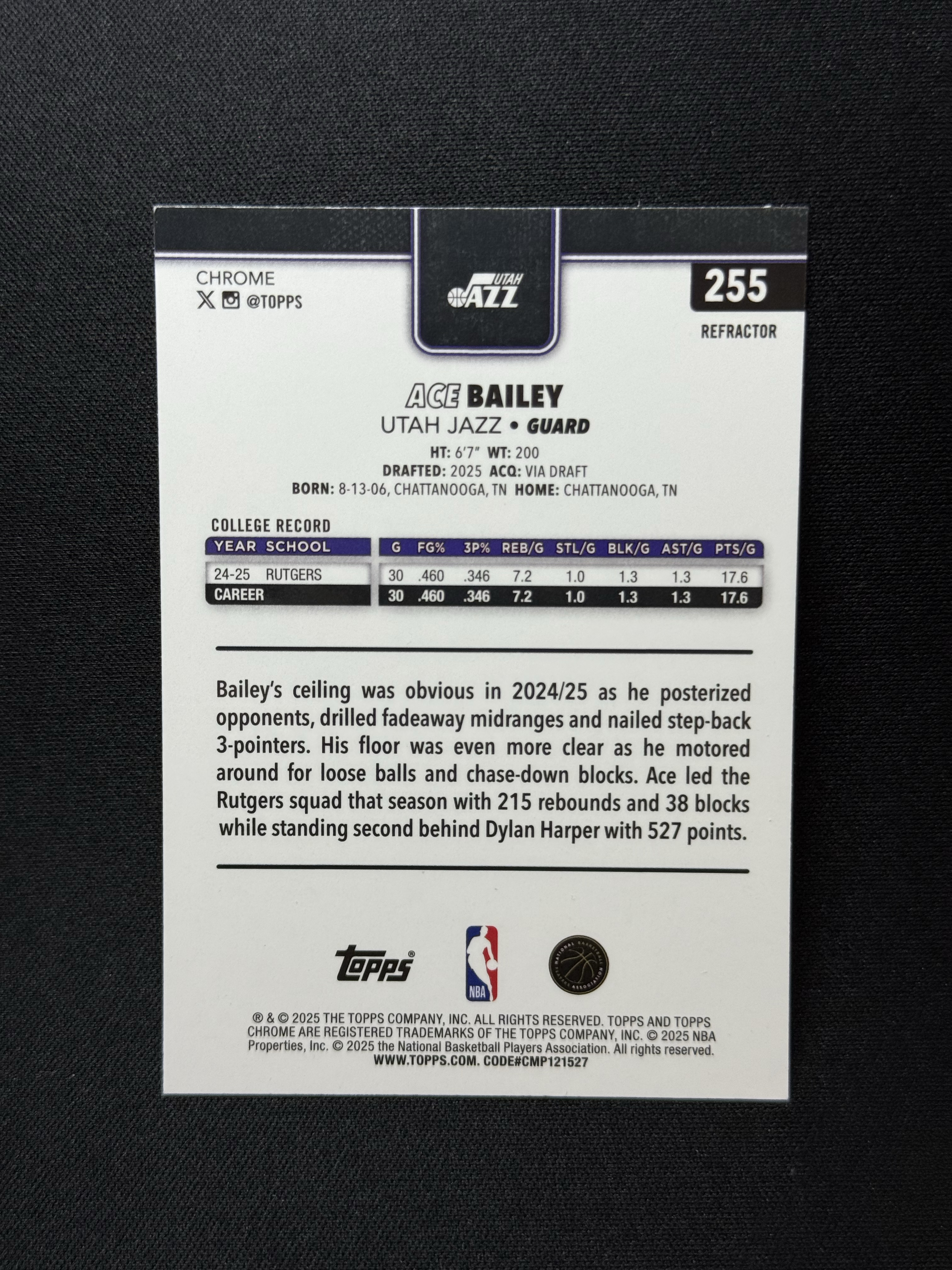 2025-26 Topps Chrome Ace bailey RC 【小贝代拍】Tc 爵士 大热 新秀 埃斯 艾斯 贝利 正银折 瑕疵如图 拍前看描述 H CL
