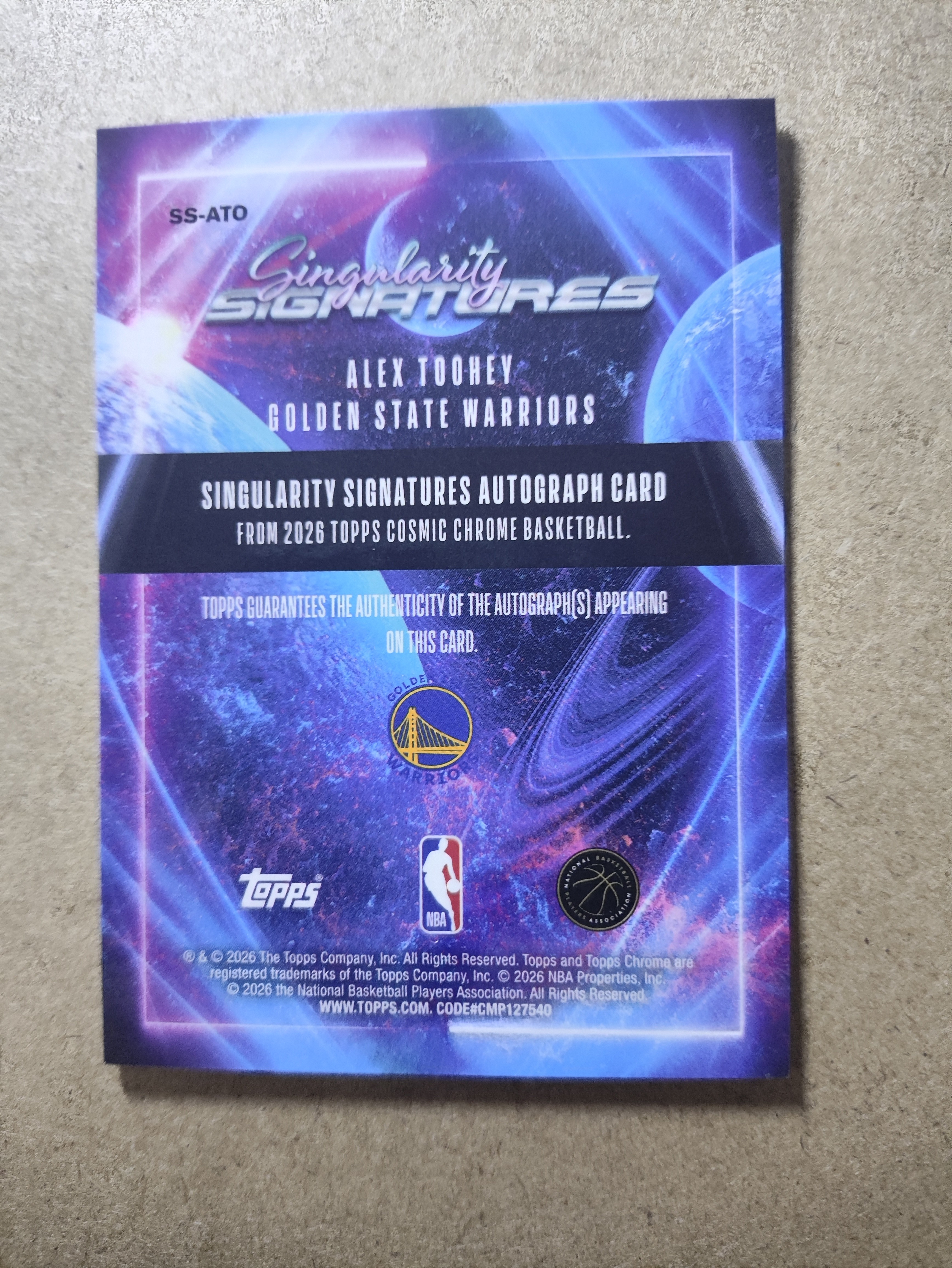 2026 Topps Chrome Cosmic Alex Toohey RC 宇宙系列 新秀 金州勇士 亚历克斯 图希 银折 卡签 签字 卡品如图 收藏必备 未来可期 库里巴特勒队友