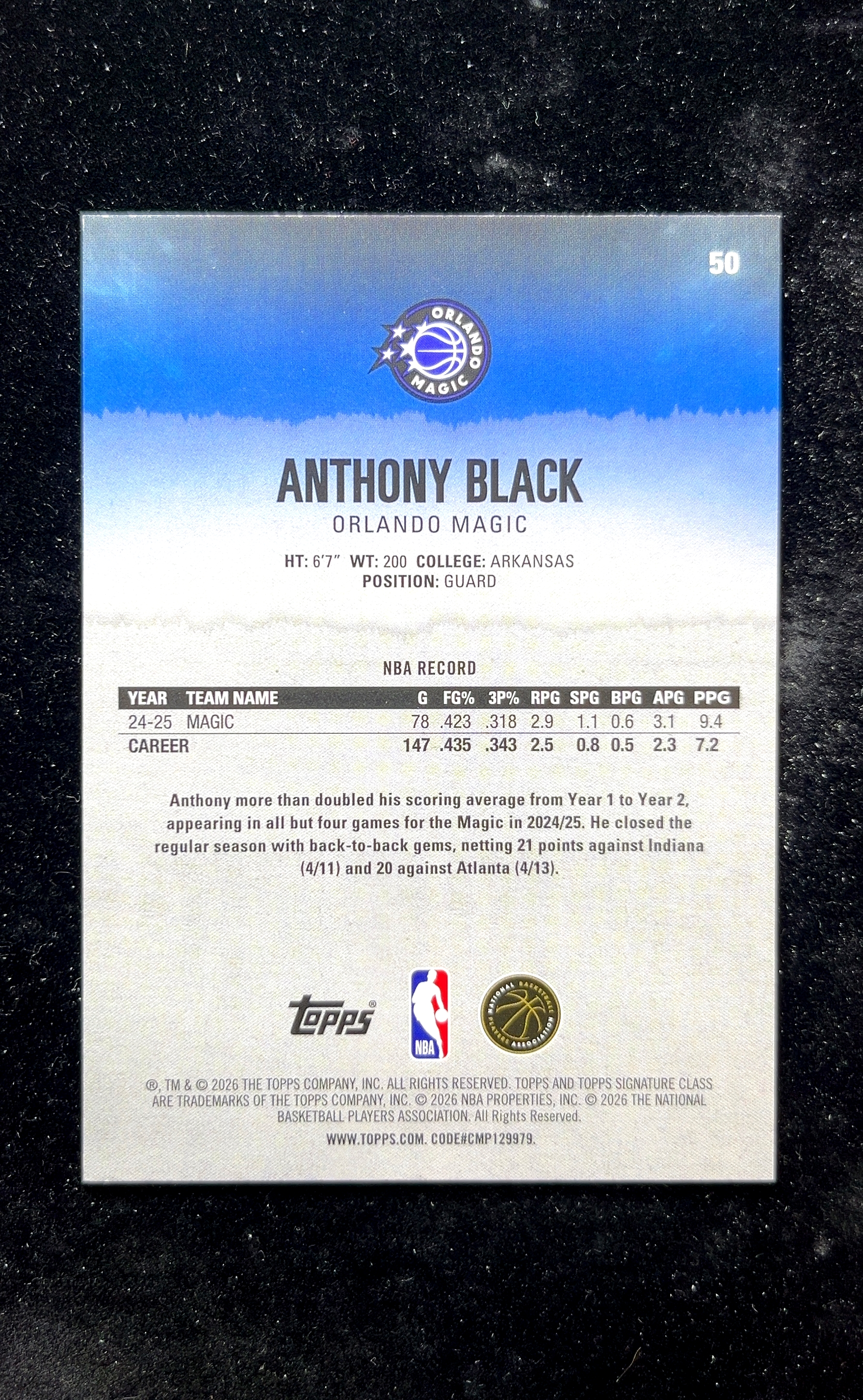 【小白1%代卖】2026 Topps Signature Class Anthony Black 安东尼·布莱克 新秀 RC 卡品如图 高价值 #50 Orlando Magic 奥兰多魔术 062