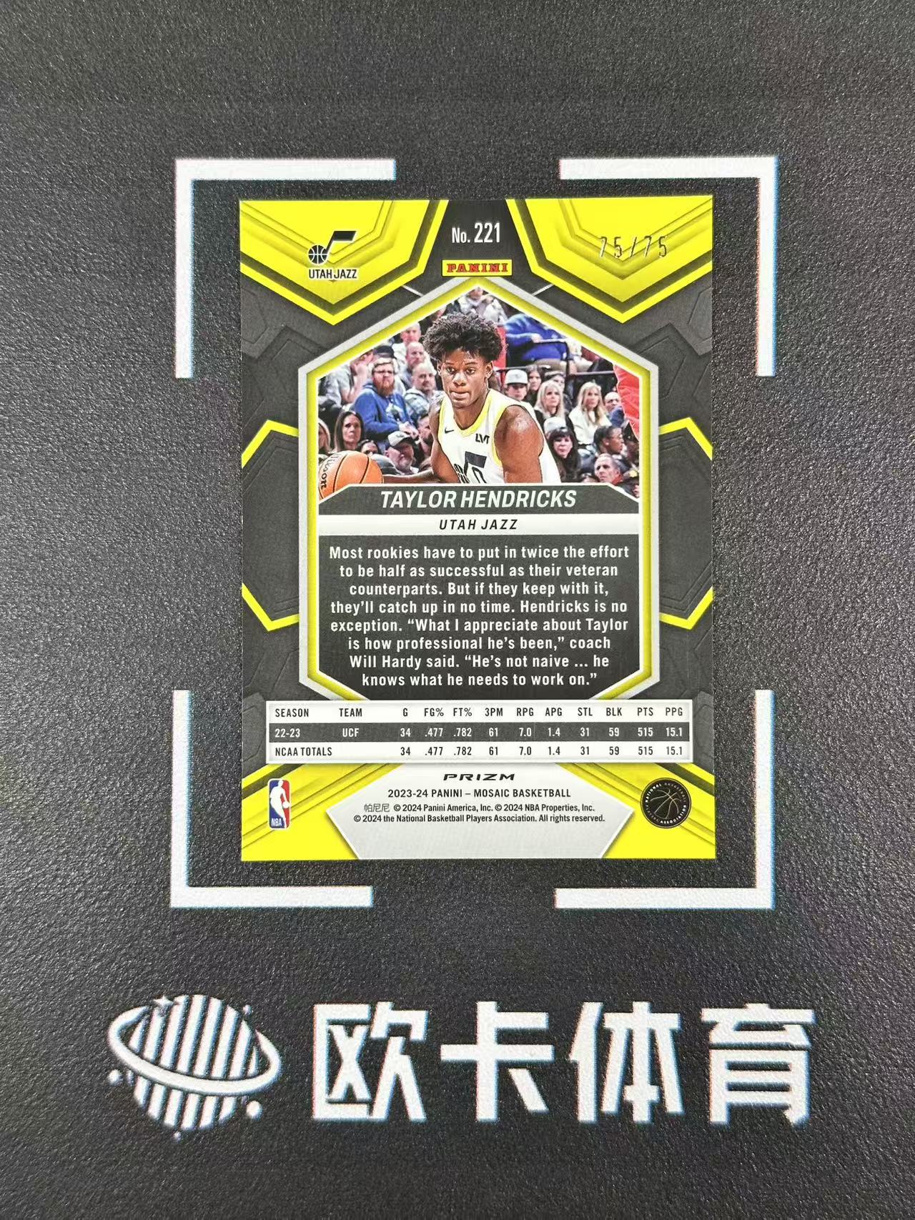 【欧卡体育】2023-24 Panini 马赛克 Taylor Hendricks 泰勒 亨德里克斯 75/75编 尾编 红圈圈折 新秀RC 爵士 收藏必备(SY11)
