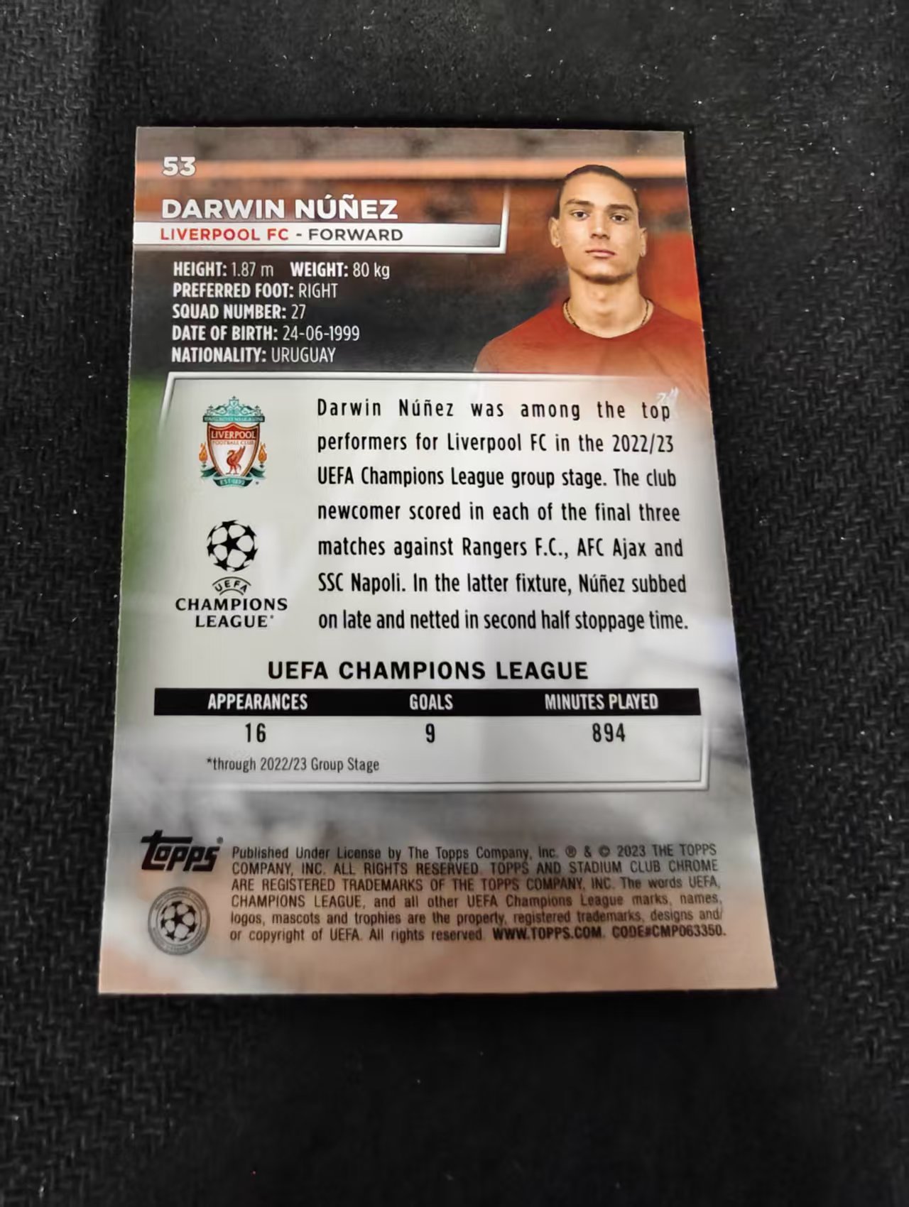 【可合并,不累计】2023 Topps Stadium Club Chrome Darwin Nunez 努涅斯 利物浦 欧冠 竞技场 不保卡品 介意勿拍 #53