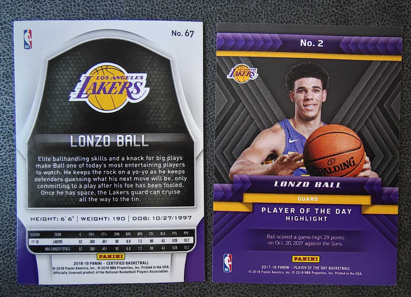 2017-18 Panini Player of the Day Lonzo Ball RC 洛杉矶 湖人队 朗佐 鲍尔 球哥 一张新秀卡带队 两张打包