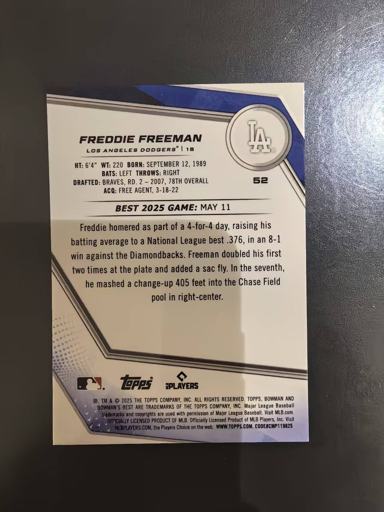 2025 Topps Bowmans Best Freddie Freeman MLB 大联盟 洛杉矶道奇 弗雷迪 弗里曼 自由人 /250编 紫折 卡品如图 凑套收藏