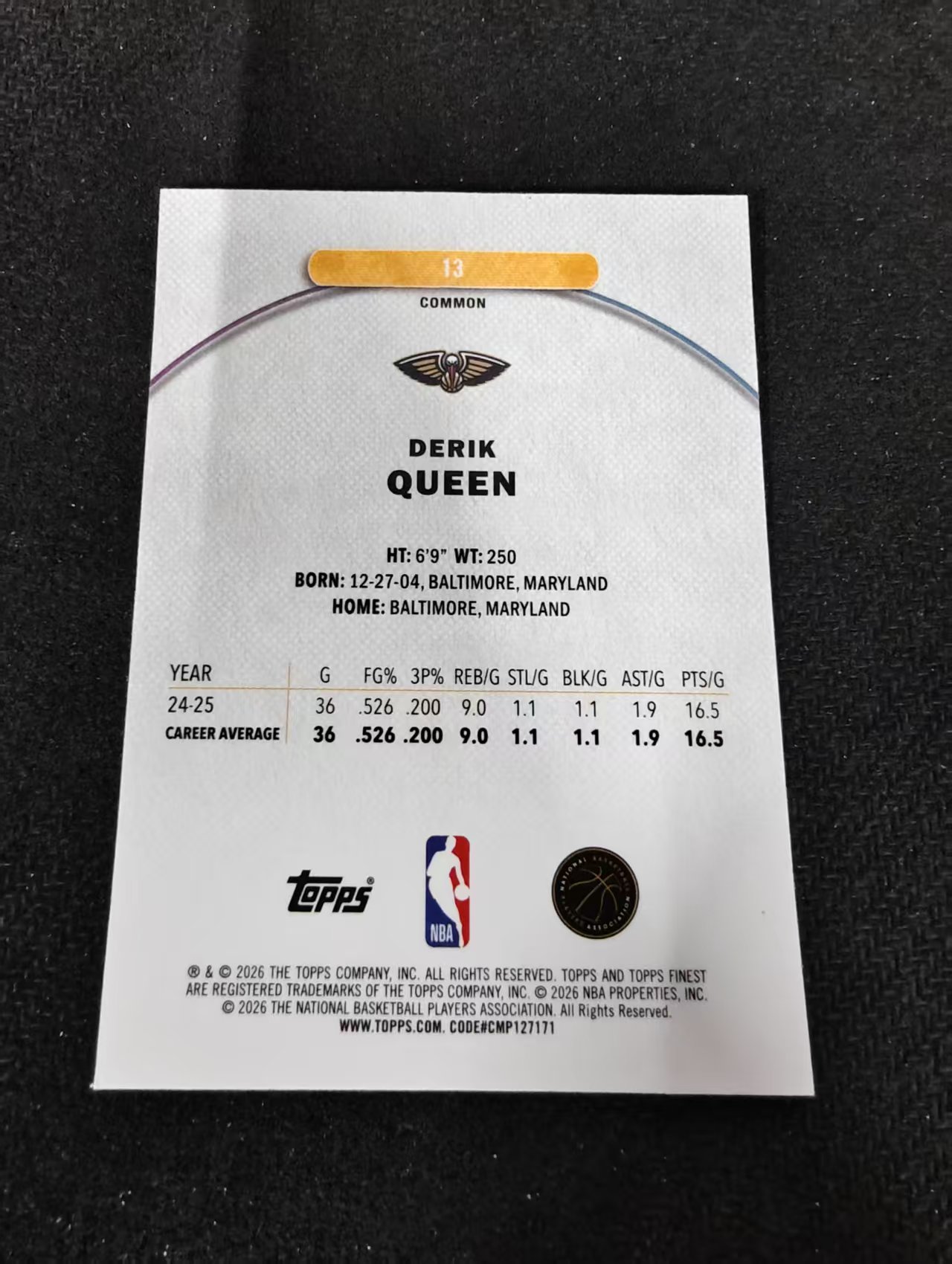 2026 Topps Finest Derik Queen 鹈鹕 德里克 奎因 新秀 RC 一级 油漆折 涂鸦折 油画折 油泼折 瑕疵如图