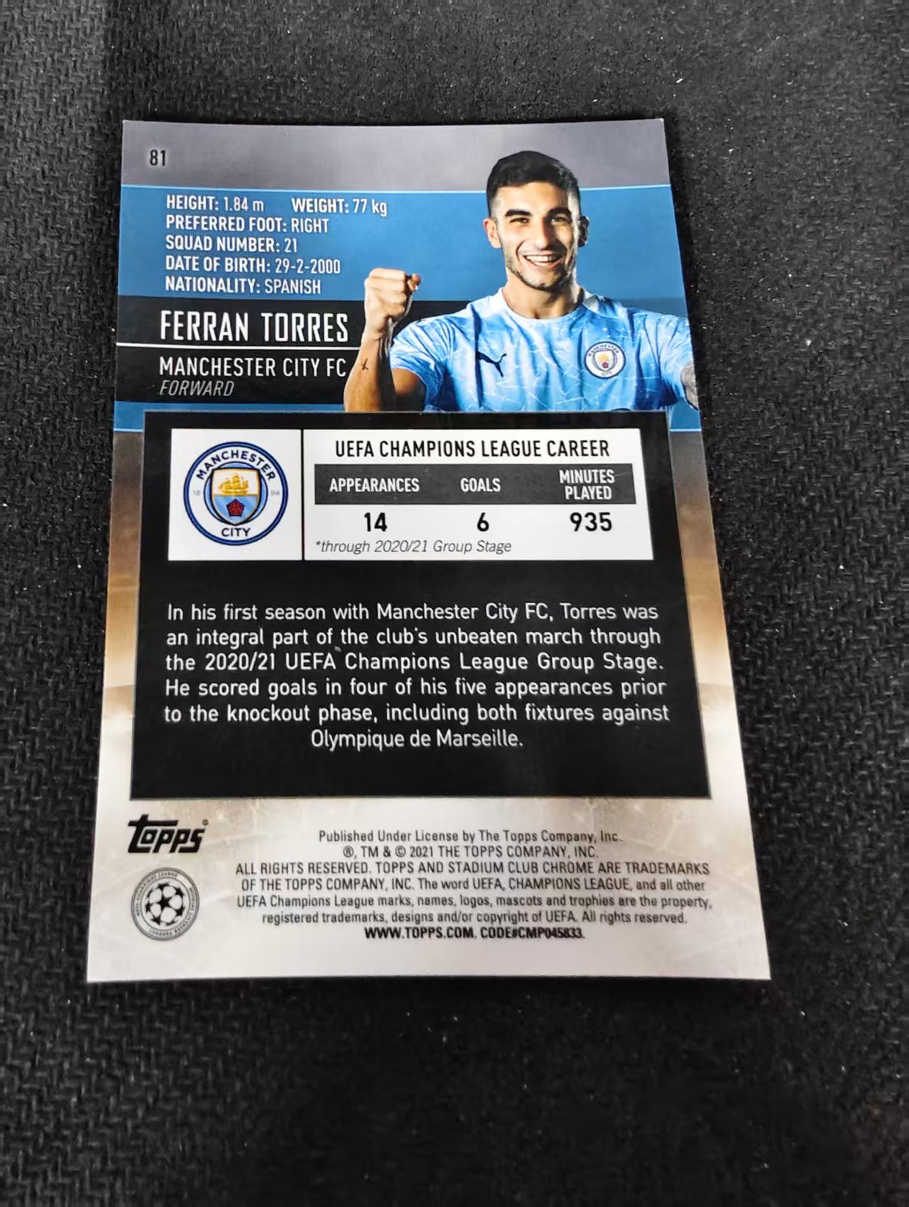 【可合并,不累计】2021 Topps Stadium Club Chrome Ferran Torres 曼城 托雷斯 欧冠 竞技场 不保卡品 介意勿拍 #81