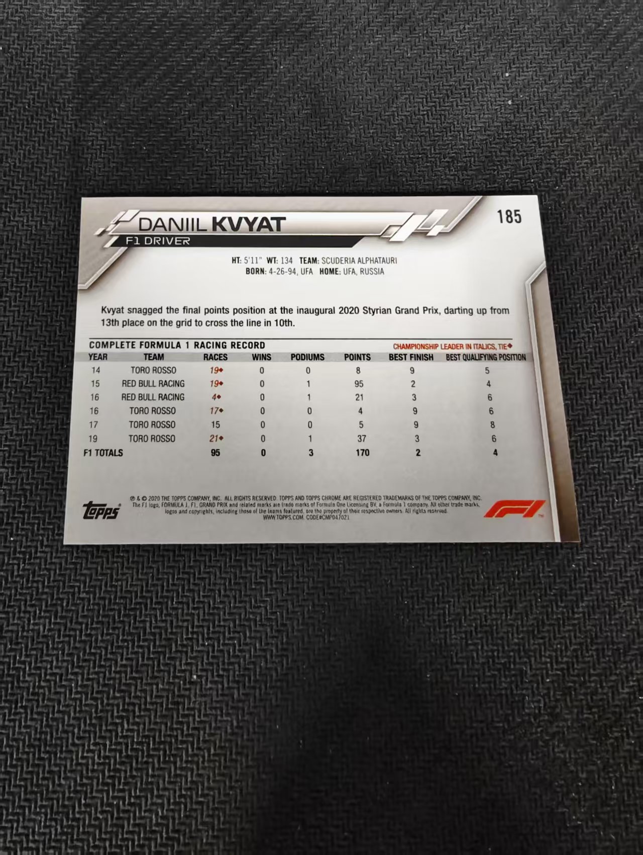 【汽水拍卖】2020 Topps Chrome Daniil Kvyat 丹尼尔 科维亚特 元年 F1 蓝宝石 碎冰折 边角瑕疵 #185