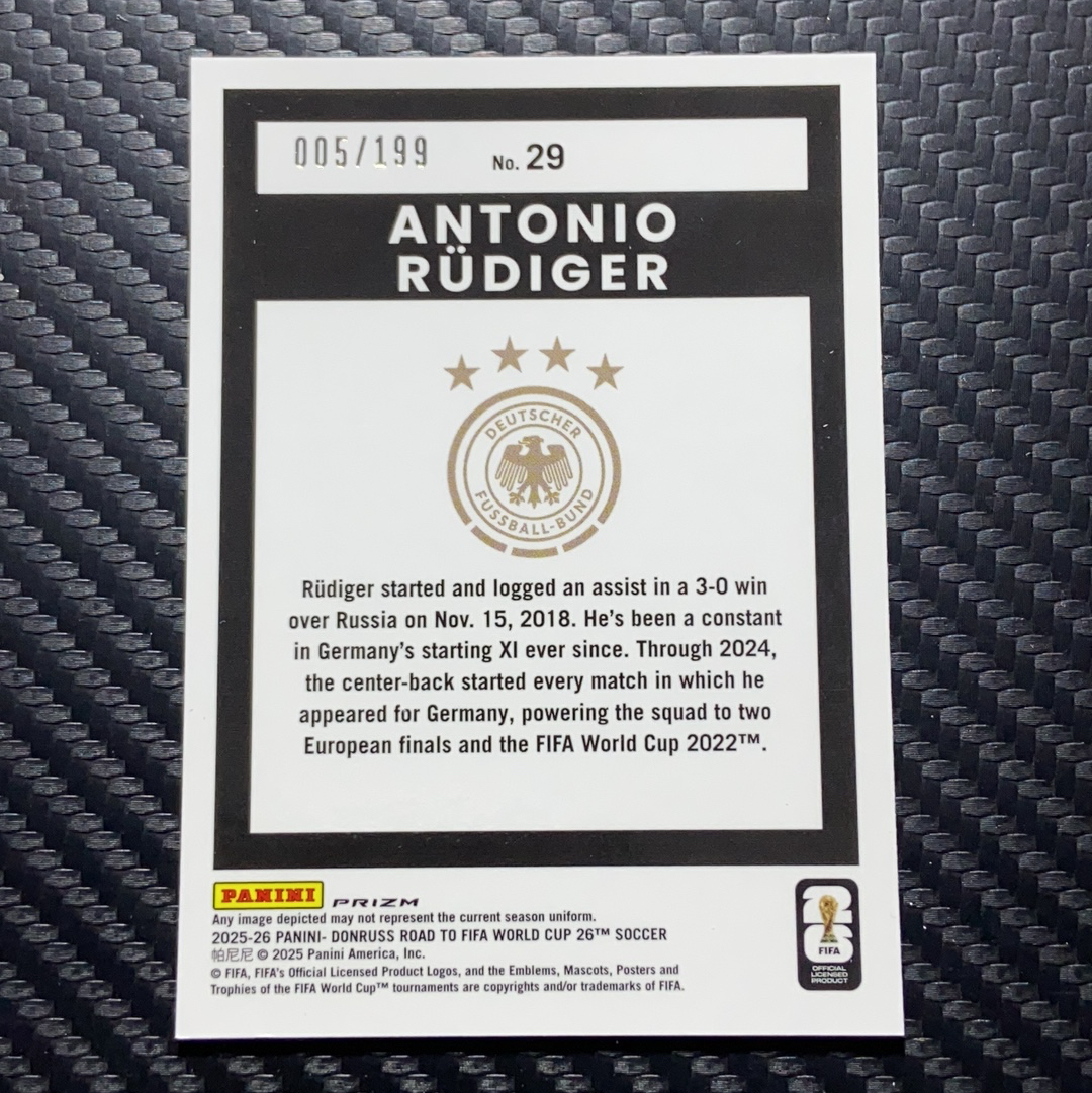 2026 Panini Donruss 卡品如图(一哥) Antonio Rudiger 杜蕾斯OP 世界杯之路 安东尼奥 吕迪格 德国 红折 5/199编
