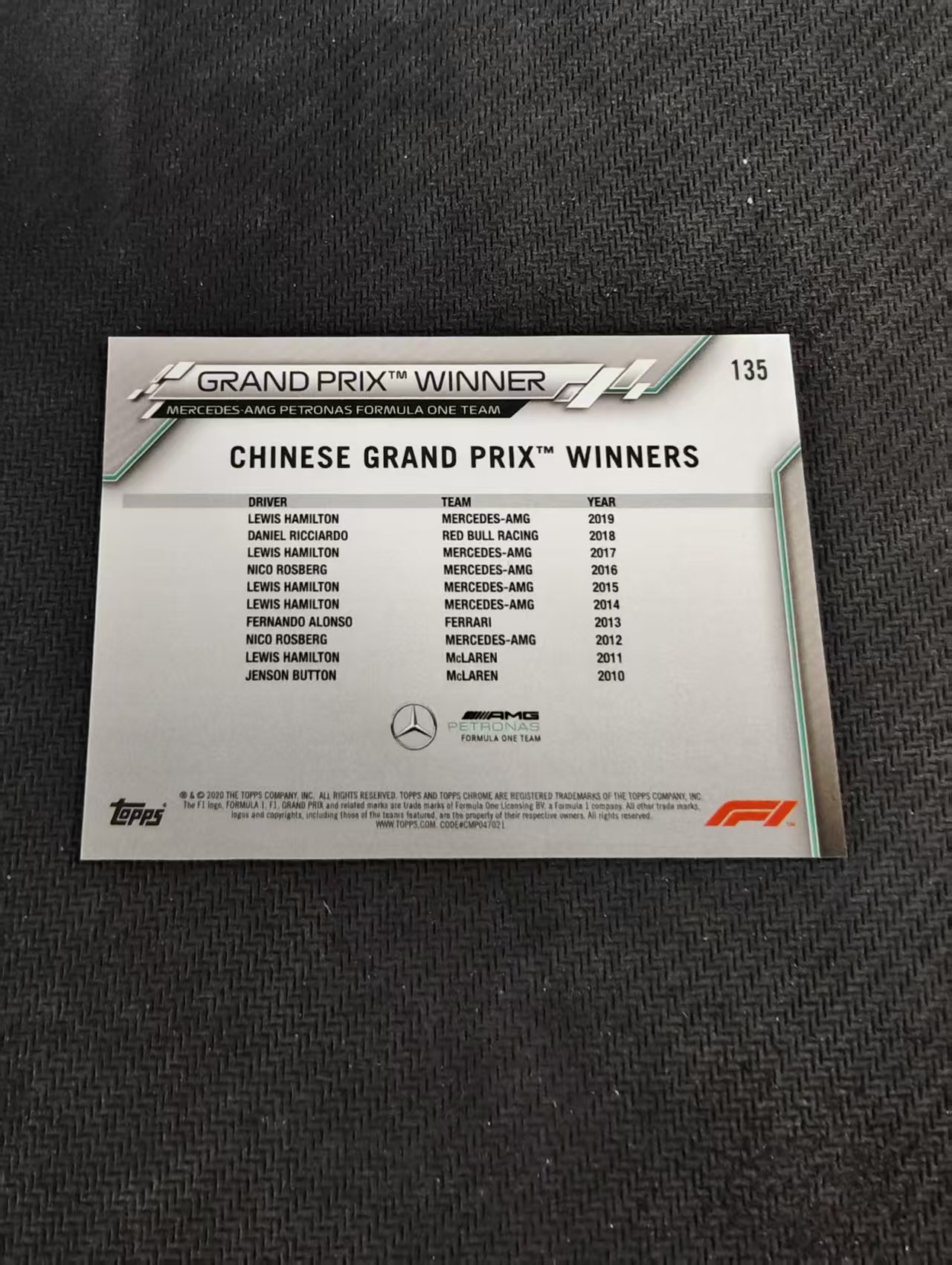 【汽水拍卖】2020 Topps Chrome F1 Lewis Hamilton 元年 方程式赛车 蓝宝石系列 刘易斯 汉密尔顿 梅赛德斯奔驰车队 蓝碎冰折 捧杯