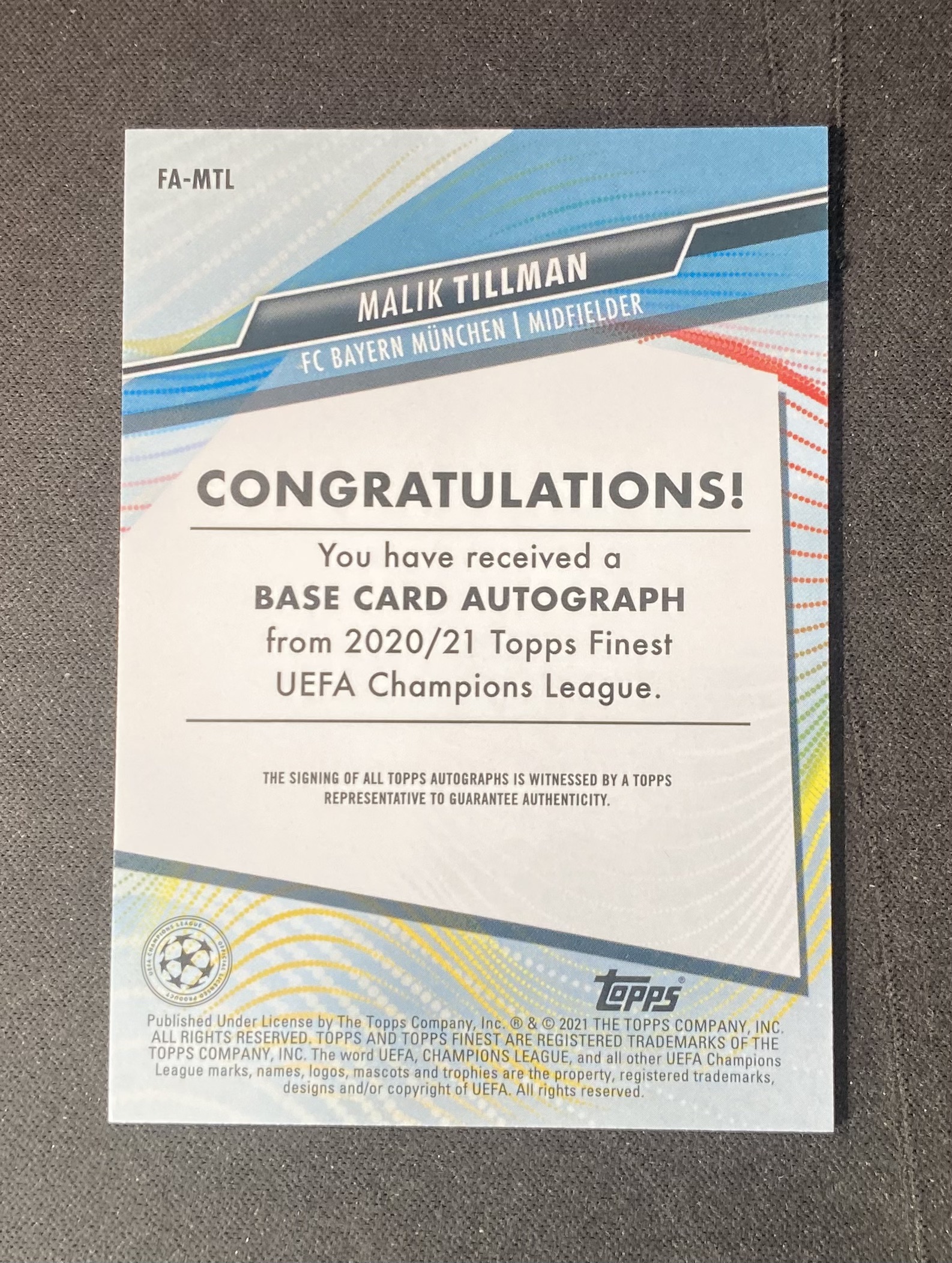 2021 Topps Finest Malik Tillman RC 【来拆波卡】欧冠 拜仁 蒂尔曼 新秀 银折 签字 大厨