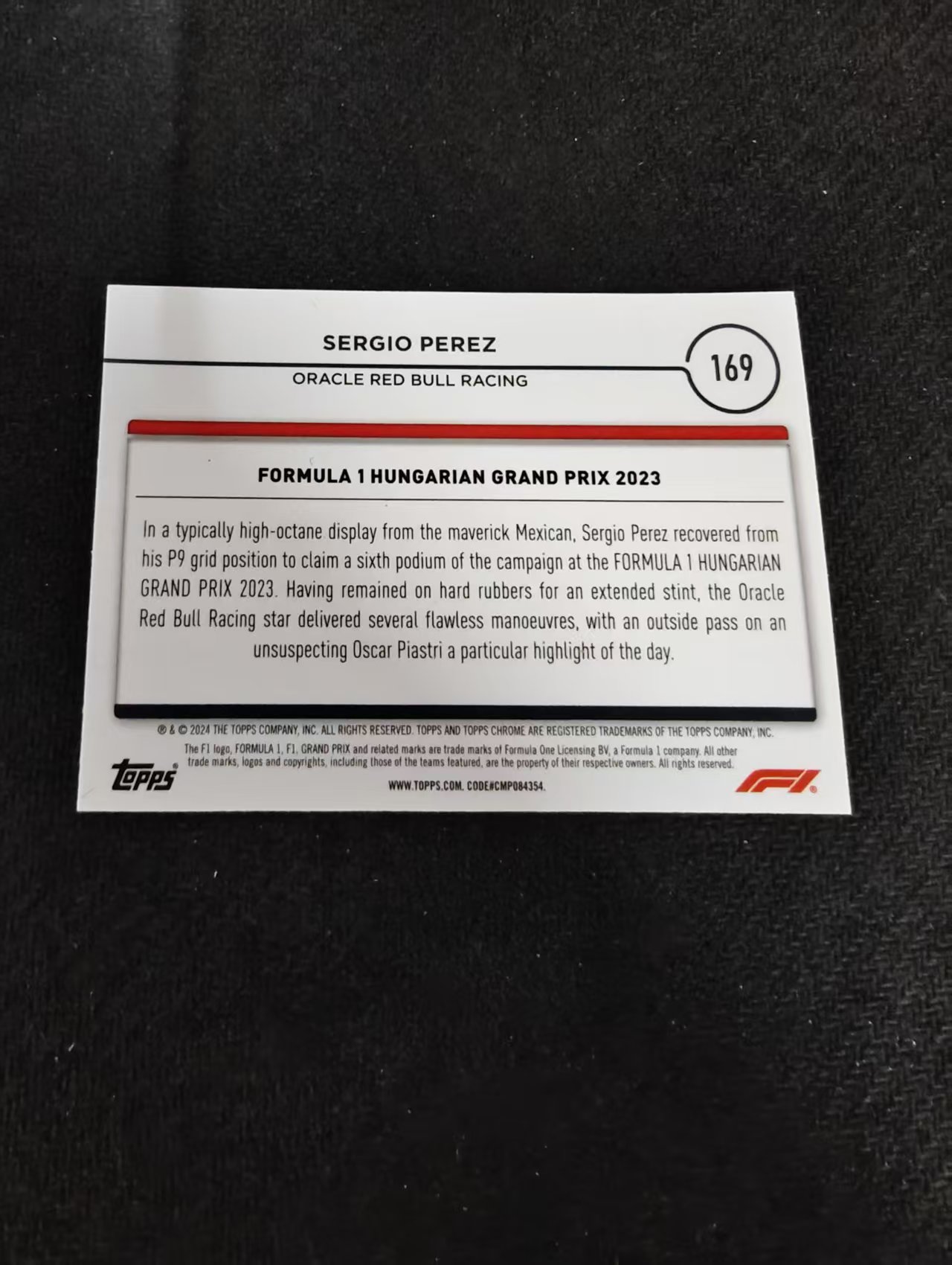 2024 Topps Chrome F1 Sergio Perez 红牛车队 塞尔吉奥 佩雷兹 划痕 边角瑕疵 #169