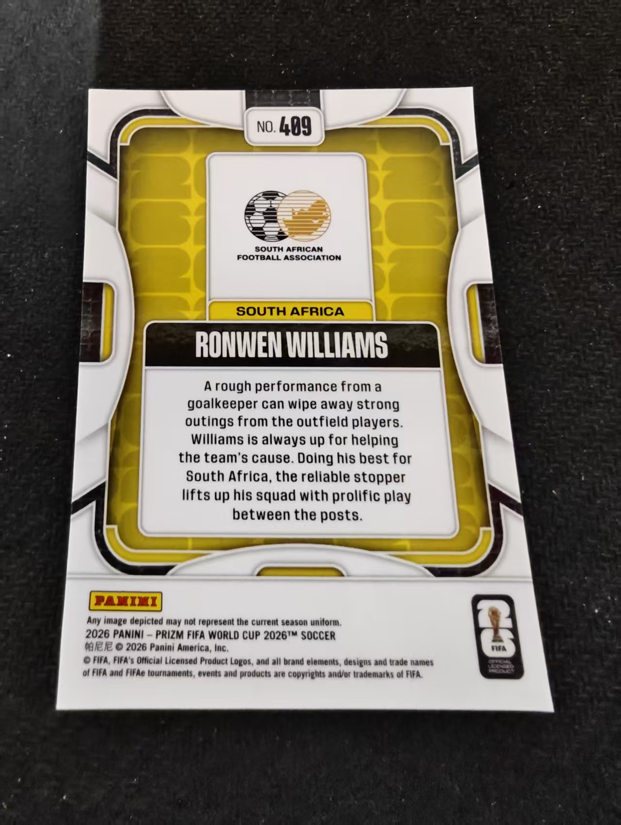 2026 Panini World Cup Prizm Ronwen Williams 新秀RC 南非 罗恩文 威廉姆斯 PZ世界杯 划痕 边角瑕疵#409