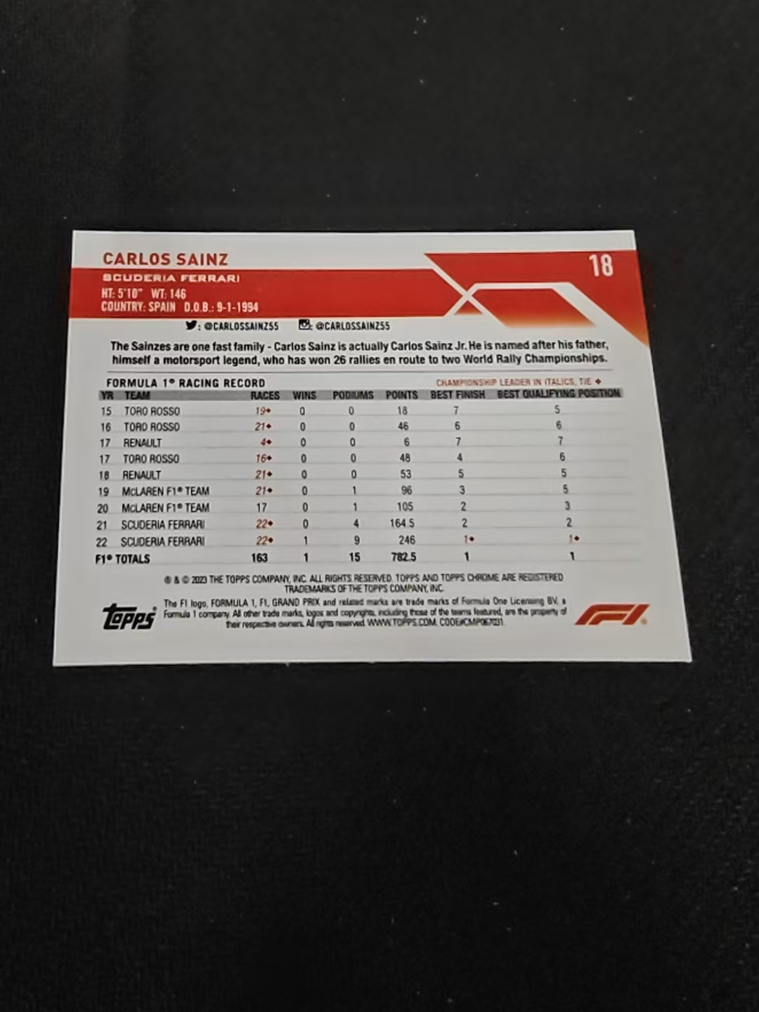 2023 Topps Chrome F1 Carlos Sainz 卡洛斯 赛恩斯 法拉利车队 划痕 边角瑕疵 #18