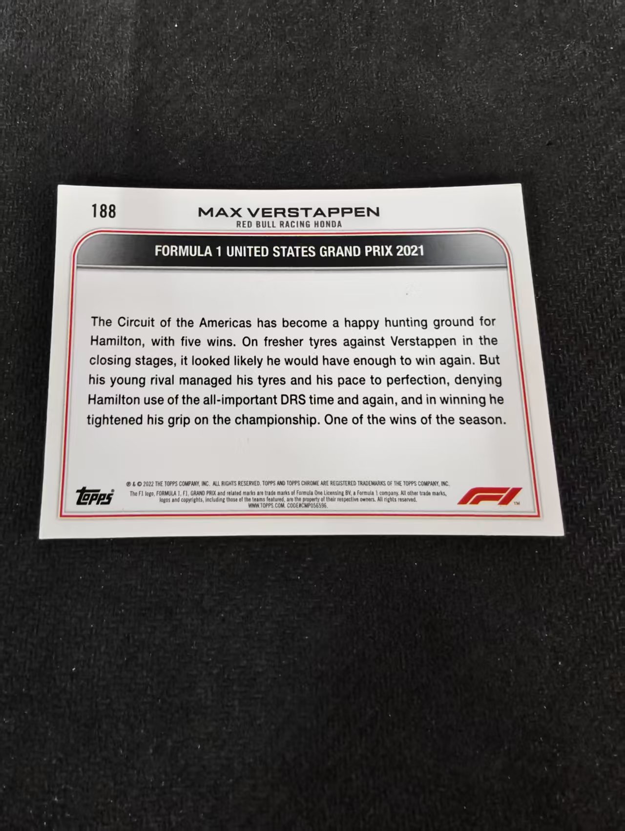 2022 Topps Chrome F1 Max Verstappen 维斯塔潘 红牛 划痕 边角瑕疵 #188