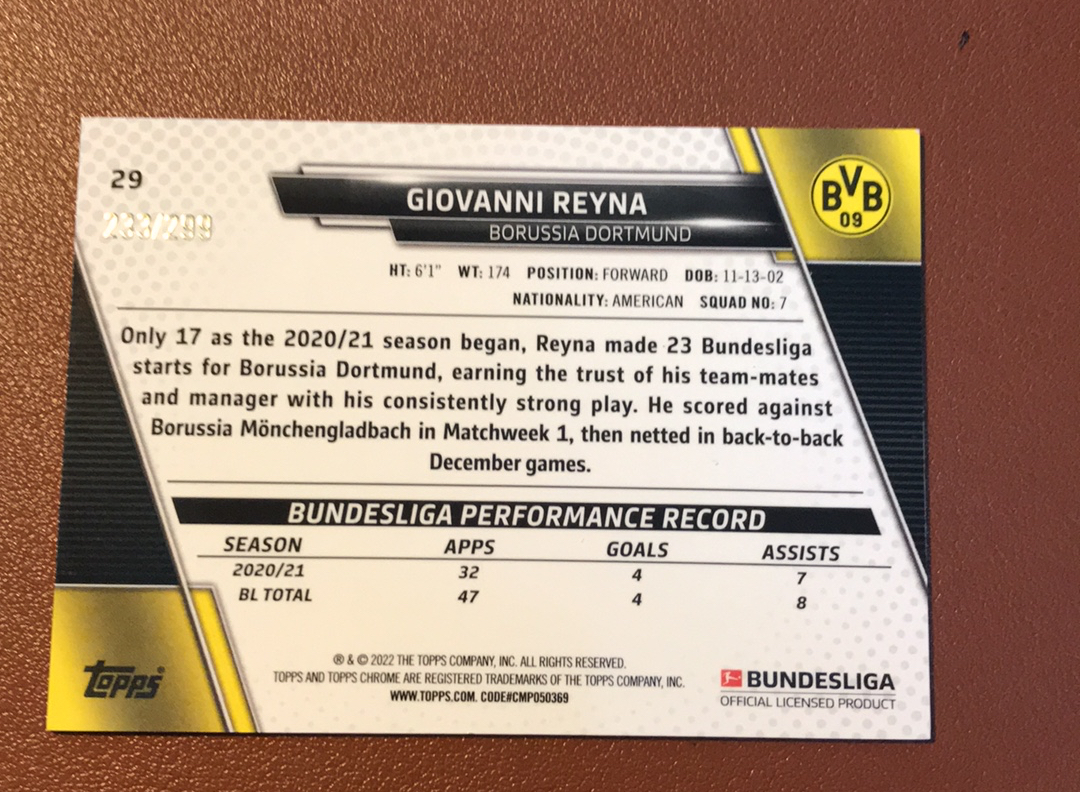 2022 Topps Chrome Giovanni Reyna 雷纳 299编 多特 卡品如图 一天一快递不累计M497
