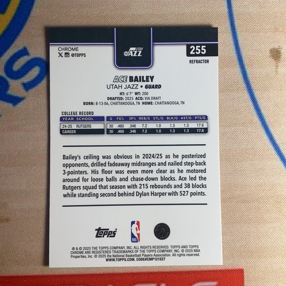 2025-26 Topps Chrome "Ace" Bailey RC tc系列 NBA 爵士 新秀 艾斯贝利 埃斯贝利 正银折 #2 卡品如图 凑套必备