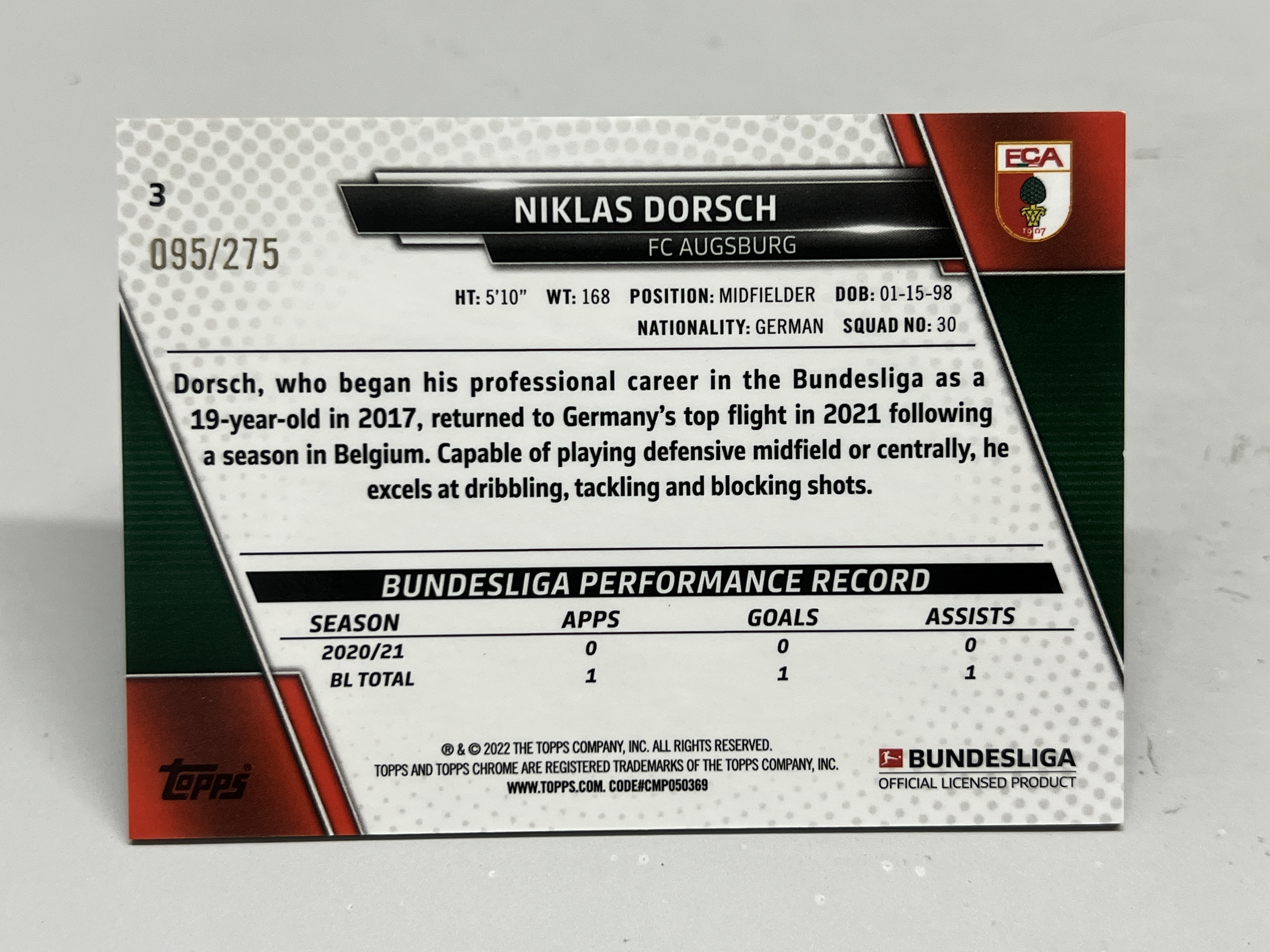 2022 Topps Chrome Niklas Dorsch RC 【挂机拍卖】德甲 尼克拉斯·多尔施 新秀 绿折 095/275 大比例 卡品如图 收藏 凑套