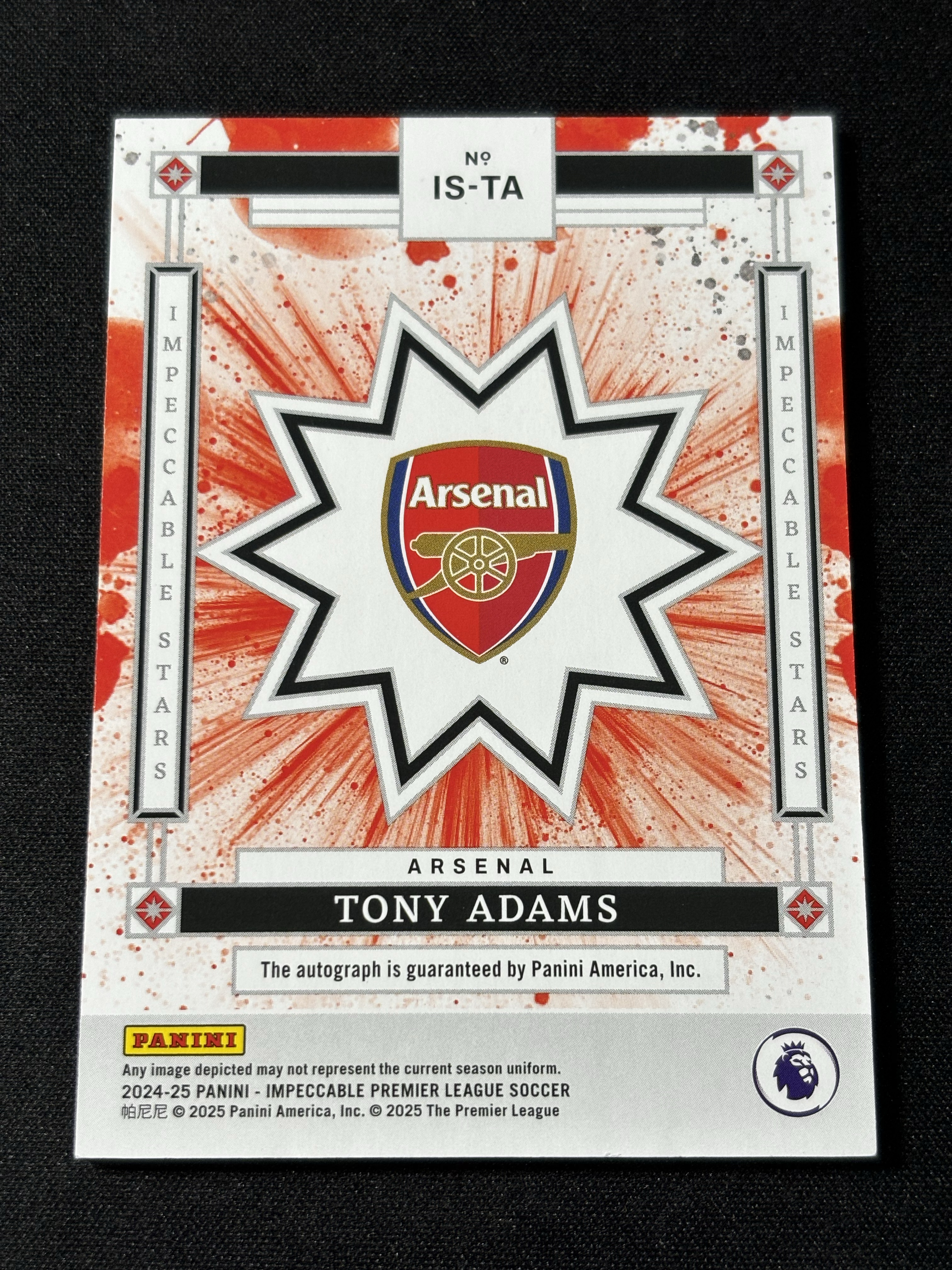 2025 Panini Impeccable Tony Adams 【信徒拍卖】英超小真金 托尼 亚当斯 99编 签字 传奇签 阿森纳 英格兰 名人堂成员 卡品如图