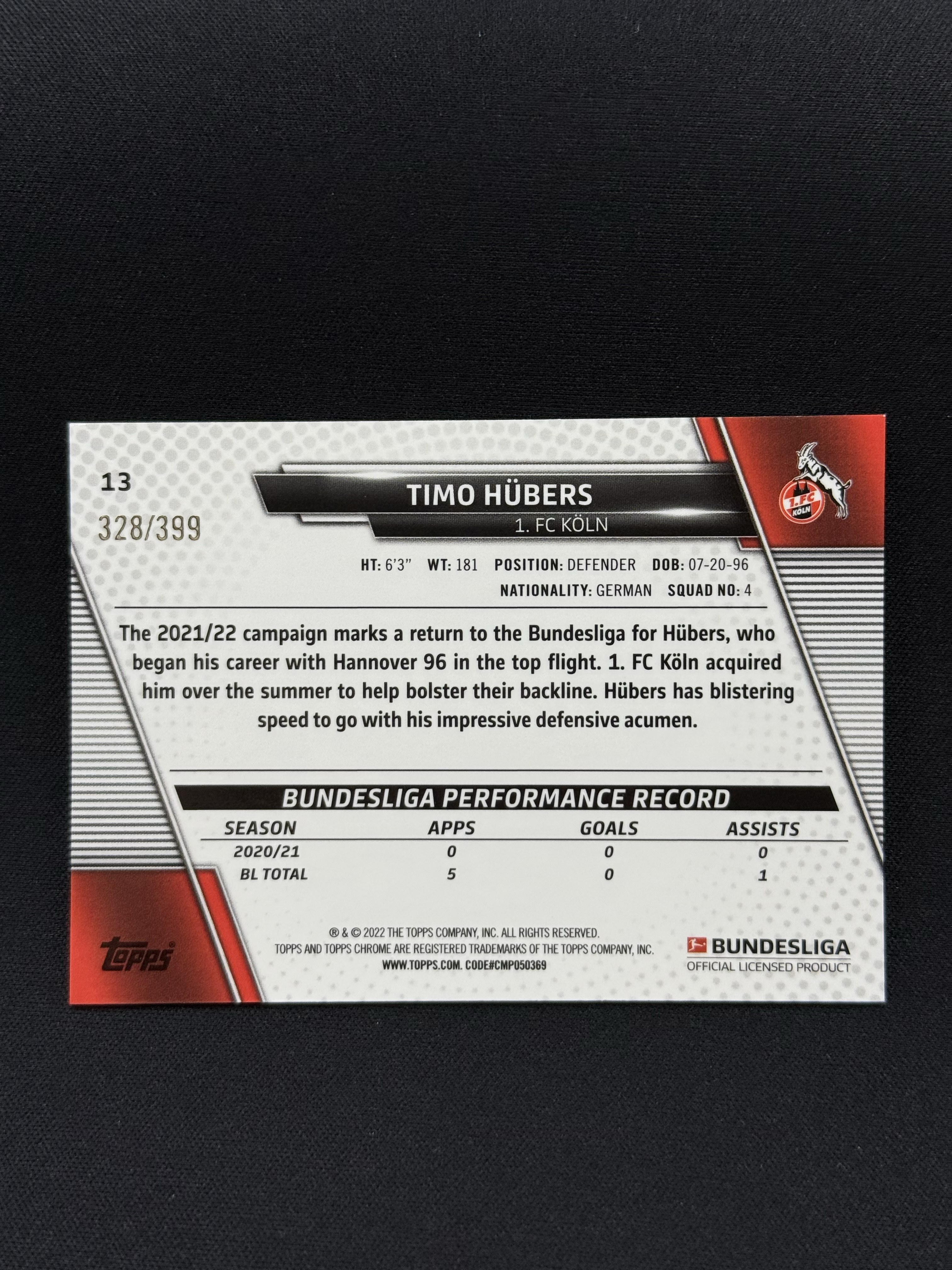 2021-22 Topps Chrome Timo Hübers RC 【小贝代拍】德甲 Tc 蒂莫 许伯斯 新秀 科隆 粉折 399编 卡品如图 拍前看描述 H CT