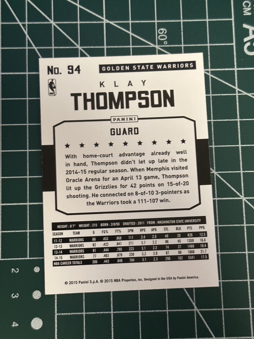 2015-16 Panini Americana Klay Thompson S.p.a. 克莱汤普森 克雷 水花 勇士队精美选图 十年老卡 绝版卡 稀有大比例