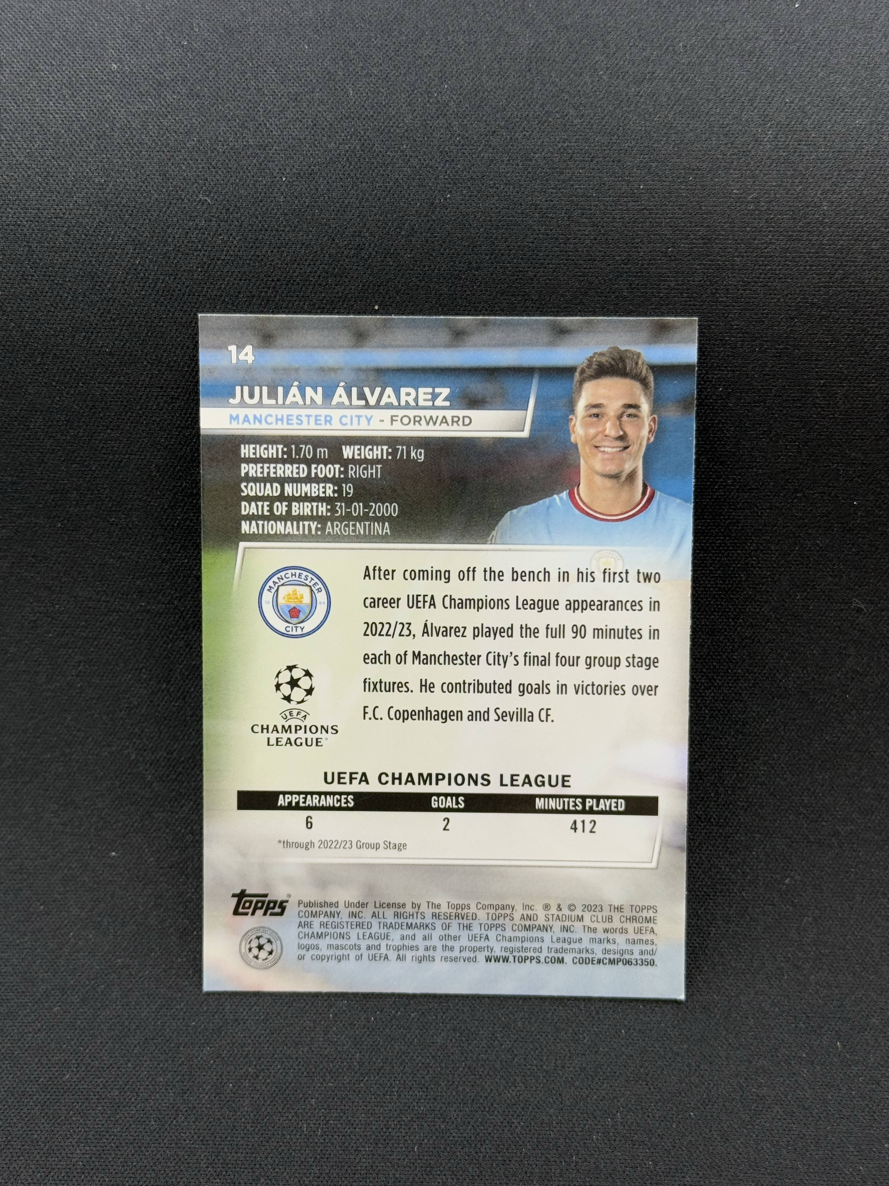 2022-23 Topps Stadium Club Julián Álvarez RC 【小贝代拍】欧冠 竞技场 曼城 新秀 阿尔瓦雷斯 base 卡品如图 拍前看描述 XNP