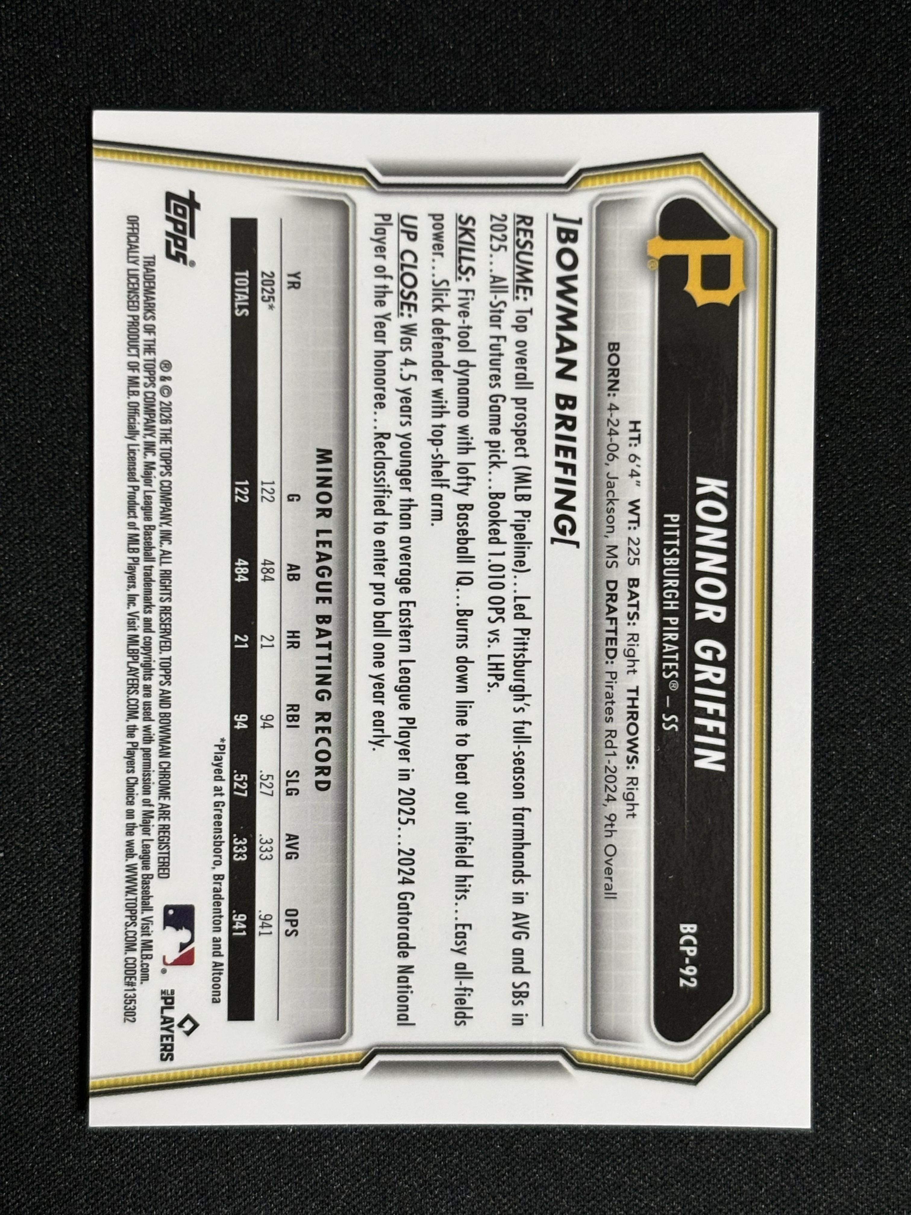 2026 Topps Bowman Konnor Griffin 棒球MLB 匹兹堡海盗 康纳 格里芬 橙折 04/25编 卡品如图 - sj