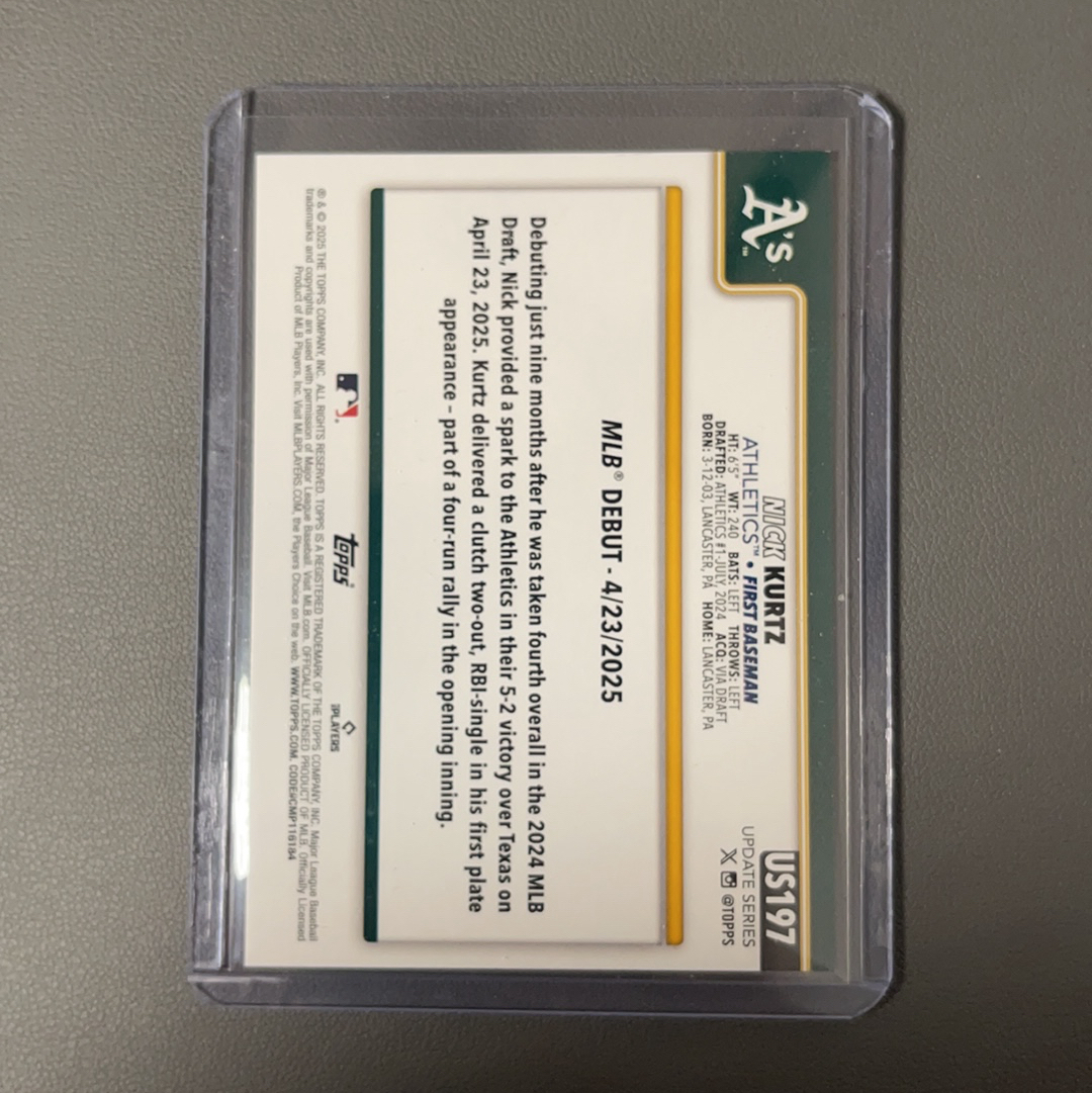 2025 Topps Update Nick Kurtz RC 尼克 库尔茨 运动家 最佳新人 新秀 首秀日 折射 银折#2【9527】
