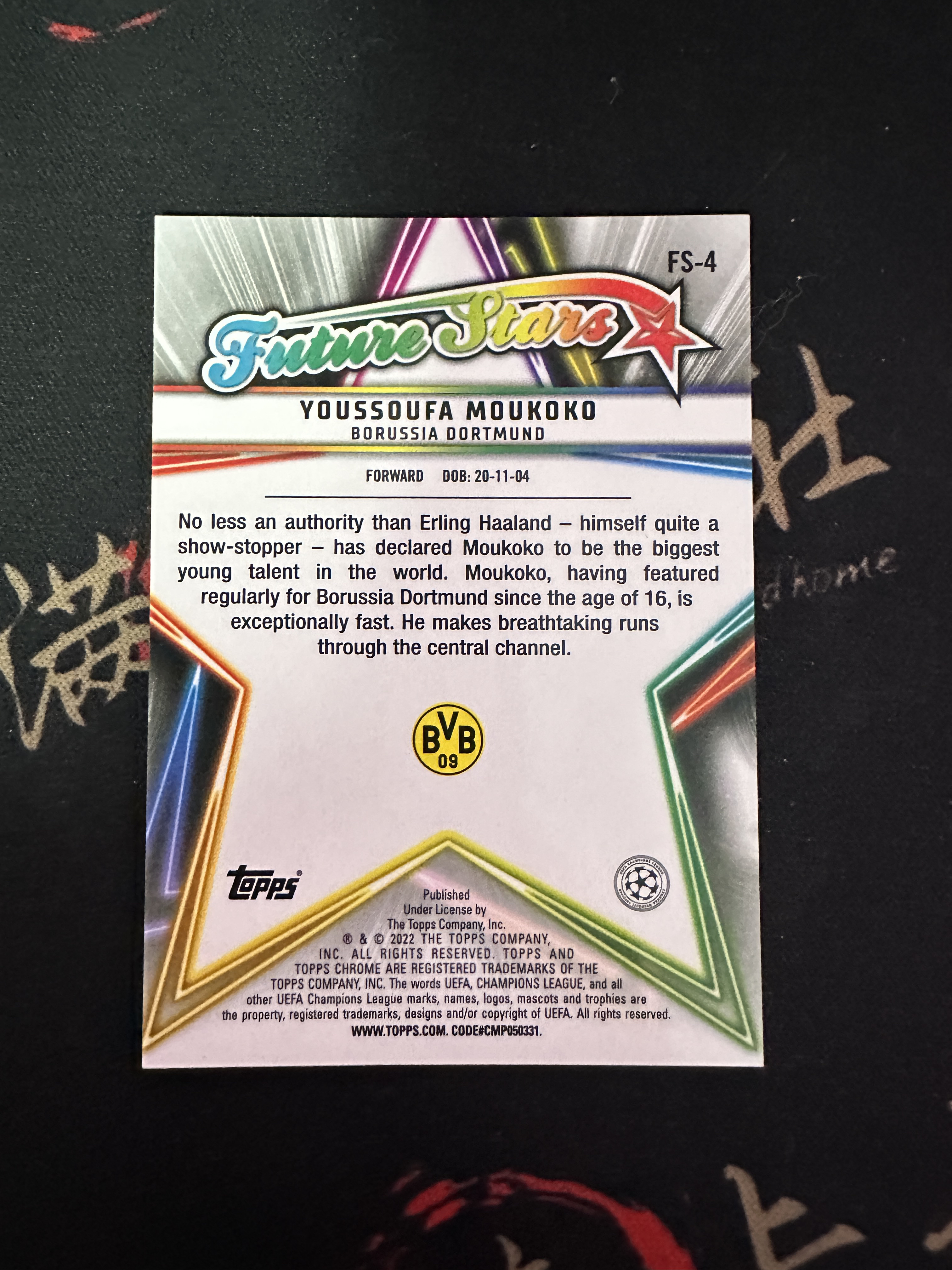 2021-22 Topps Chrome Youssoufa Moukoko (满意卡社) 欧战 TC 蓝宝石 蓝碎冰 碎冰折 德甲 多特蒙德 穆科科 未来之星 特卡 德国 天才中锋 卡品如图