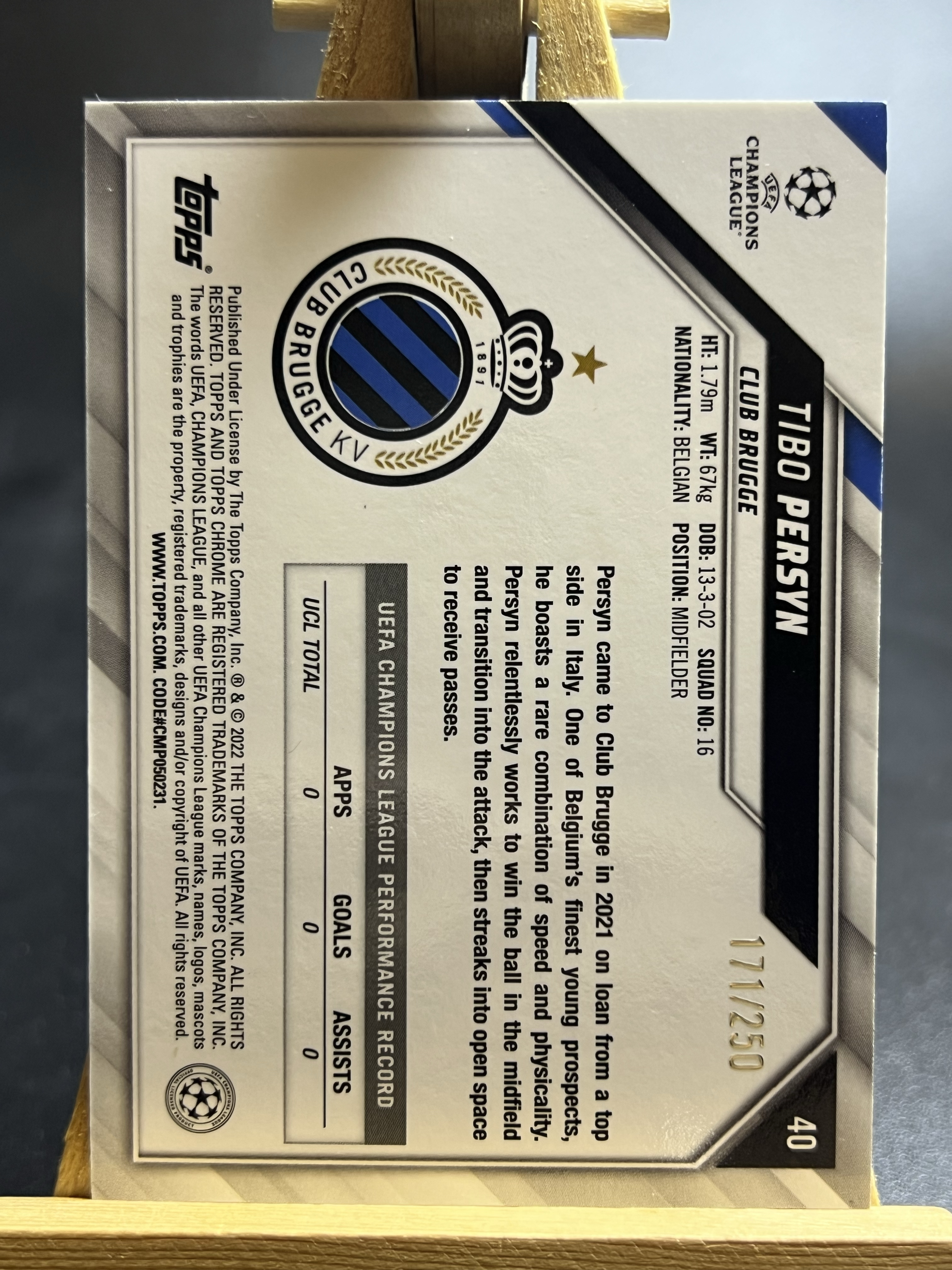 2021-22 Topps Chrome Tibo Persyn 欧冠 TC 佩尔辛 布鲁日 新秀 RC 171/250编 紫折 李哥 叉叉拍卖