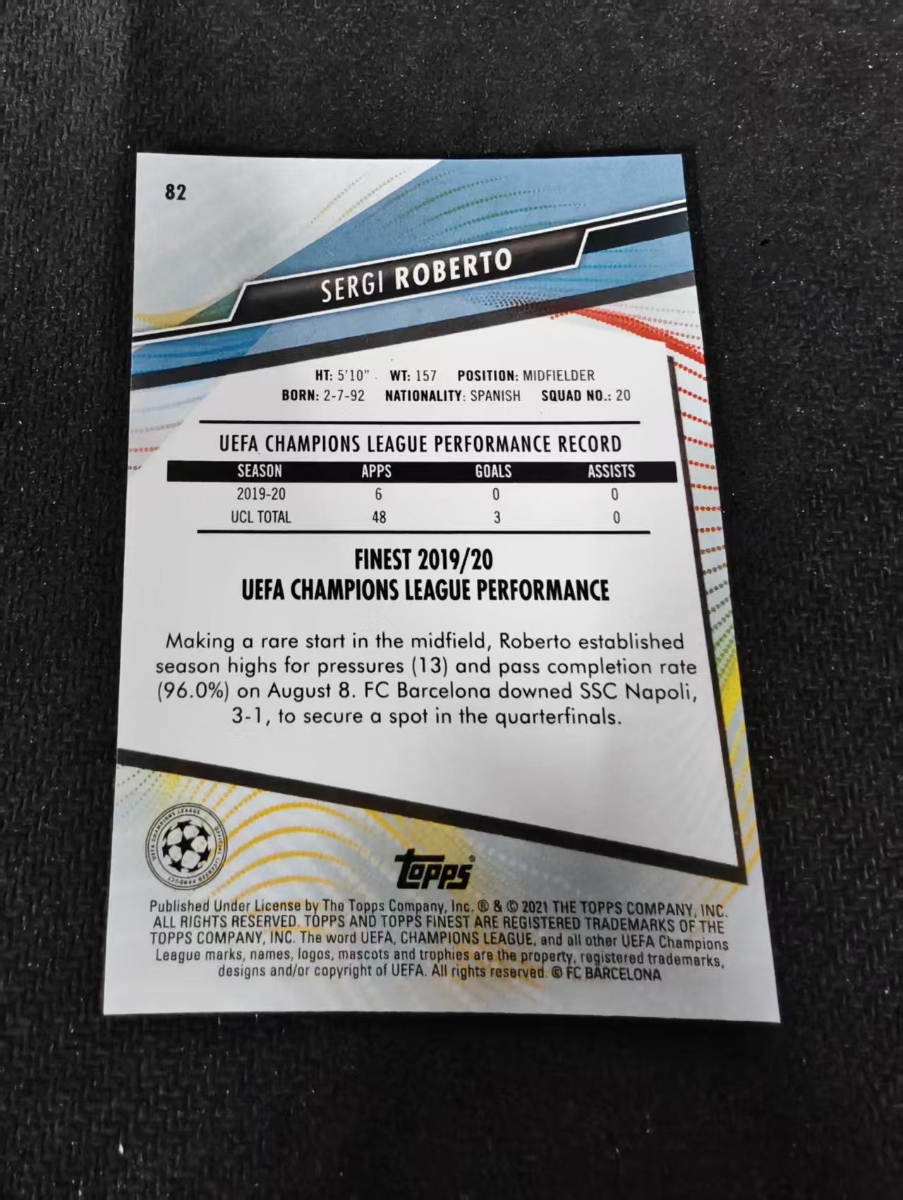 【可合并,不累计】2021 Topps Finest SERGI ROBERTO 巴萨 巴塞罗那 塞尔吉 罗伯托 西班牙 欧冠 划痕 边角瑕疵 #82