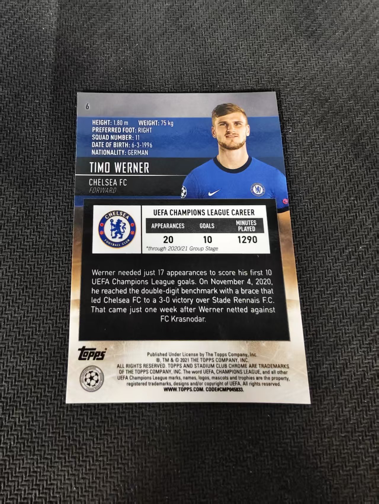 【可合并,不累计】2021 Topps stadium club Timo Werner 切尔西 蒂莫 维尔纳 竞技场 欧冠 划痕 边角瑕疵 #6