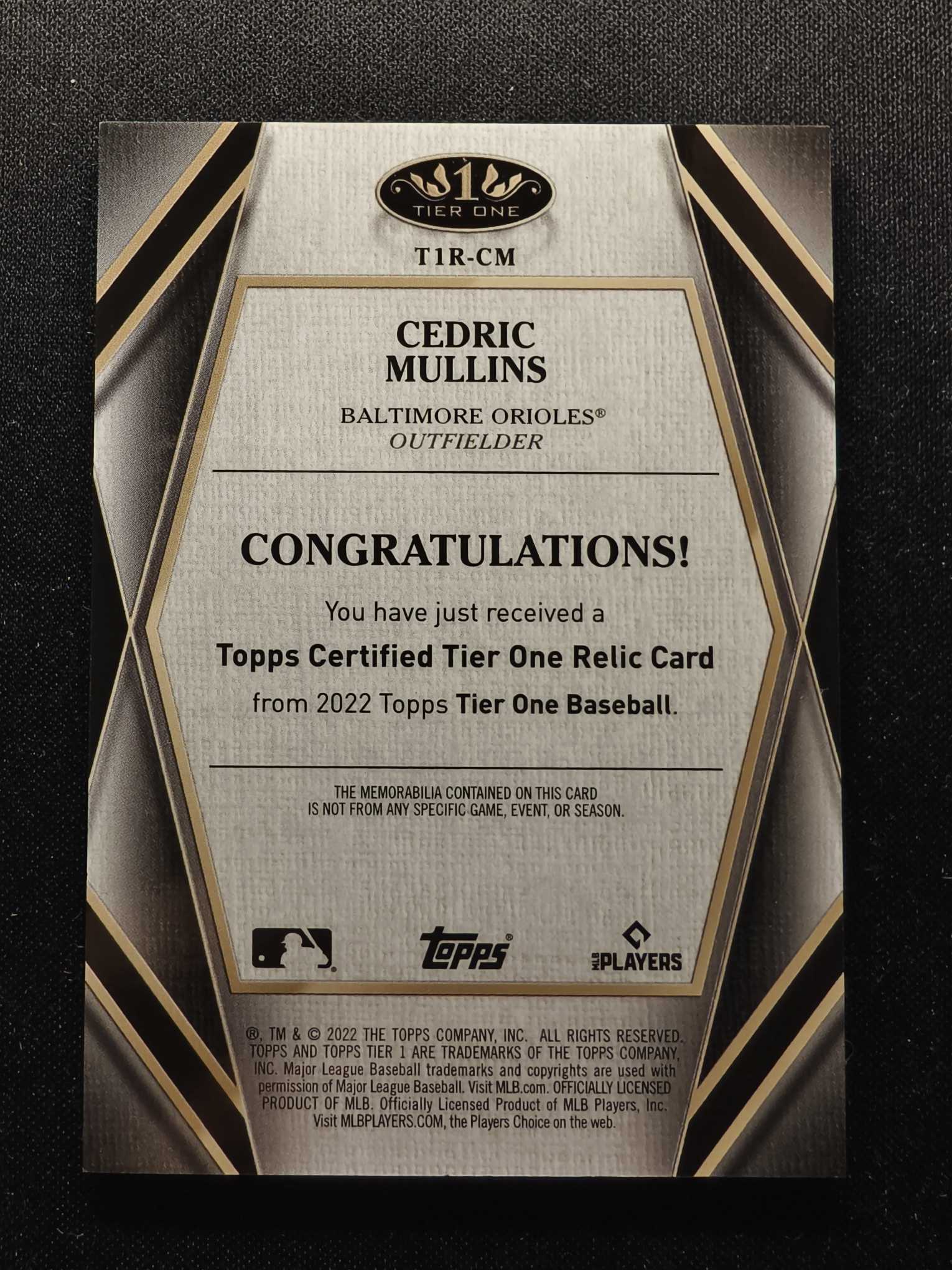 2022 Topps Tier one Cedric Mullins MLB棒球 塞德里克 穆林斯 GU球衣切割 物料 399编 卡品如图 专收凑套