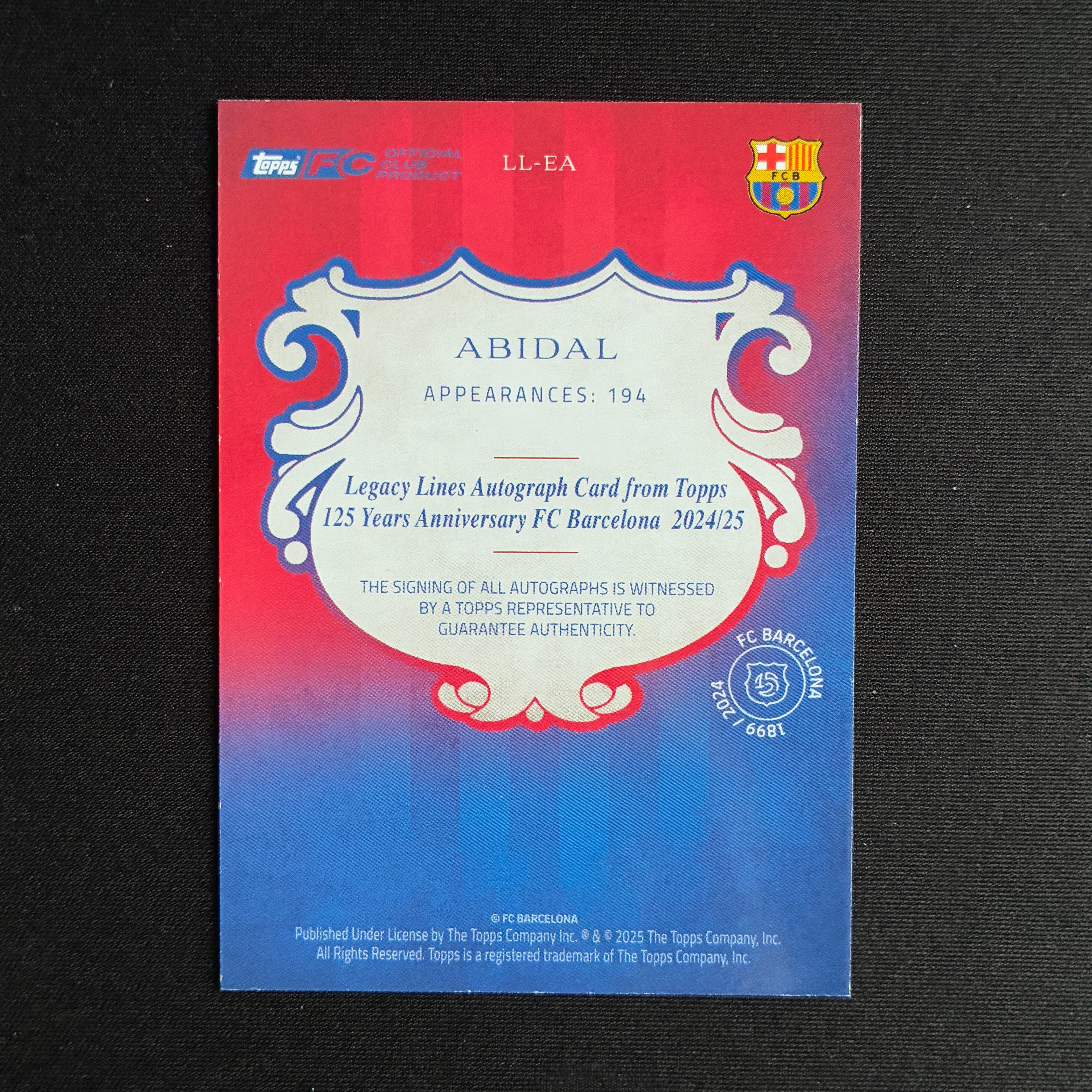 【杰基拍卖】 2024 Topps 125th Abidal 巴萨125周年队盒 阿比达尔 签字 遗产特卡 签字卡 贴签 125编(HJ)