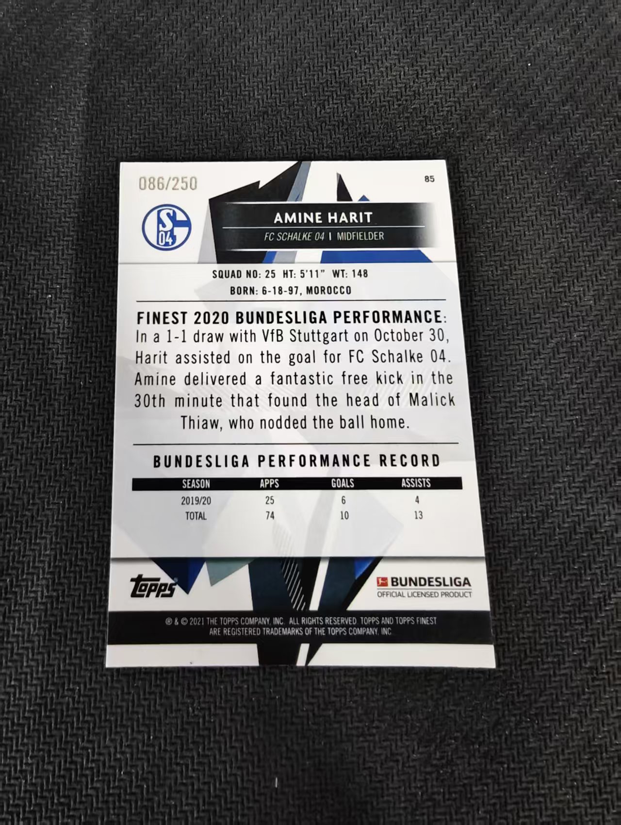 【可合并,不累计】2021 Topps Finest Amine Harit 德甲Finest 沙尔克04 阿米涅 阿里特 紫折 250编 瑕疵如图