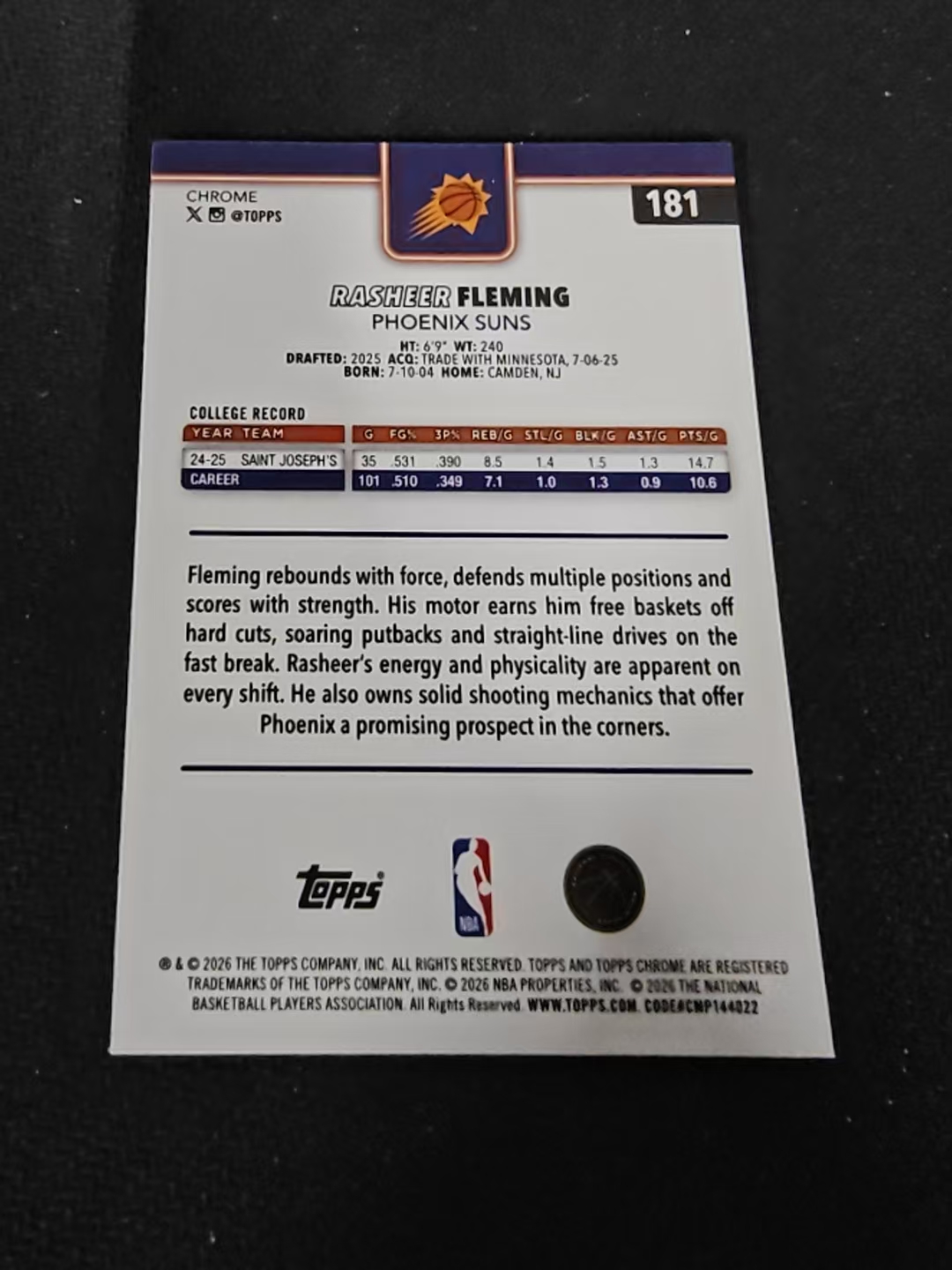 2026 topps chrome Updates TCU rasheer fleming 太阳 拉希尔 弗莱明 RC 新秀 hyper折 瑕疵如图