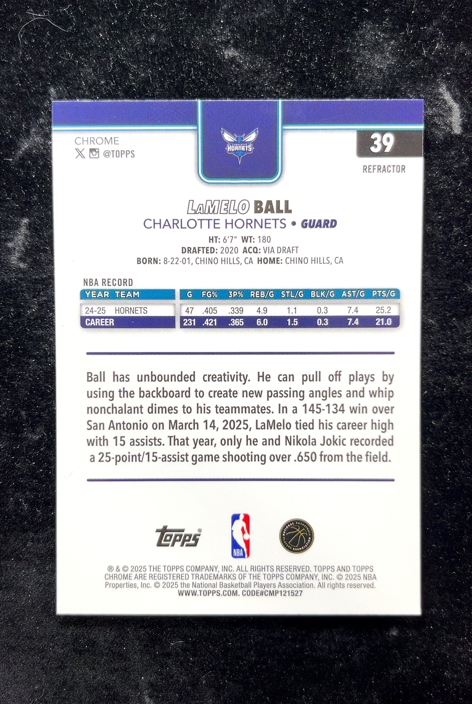 【小白1%代卖】2025 Topps Chrome RefraCTOR 折射卡 Lamelo Ball 拉梅洛·鲍尔 银折 折射 新秀 RC 卡品如图 高价值 #39 Charlotte 0702