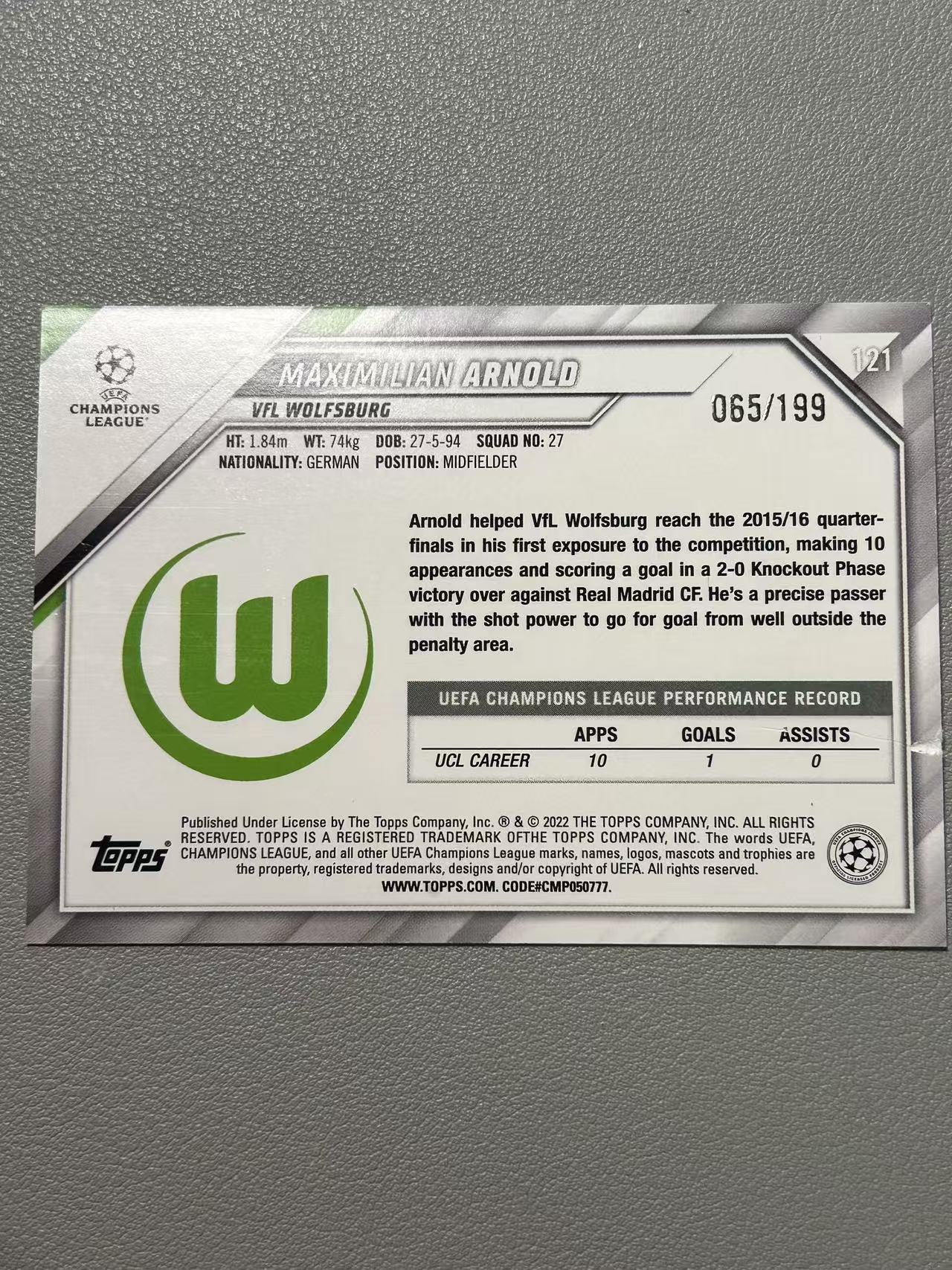 【阿泽代卖】2022 Topps Maximilian Arnold 欧冠 沃尔夫斯堡 阿诺德 /199编 折射 绿折 带编 选图巨帅 卡品如图 介意勿拍