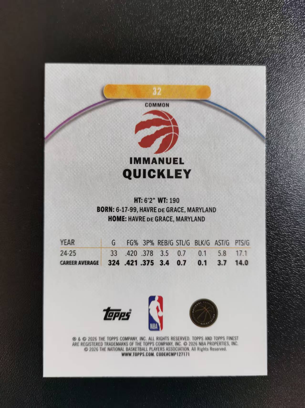 2026 Topps Finest Immanuel Quickley 伊曼纽尔奎克利 猛龙 一级 收藏凑套 卡品如图 免费代拍CC02