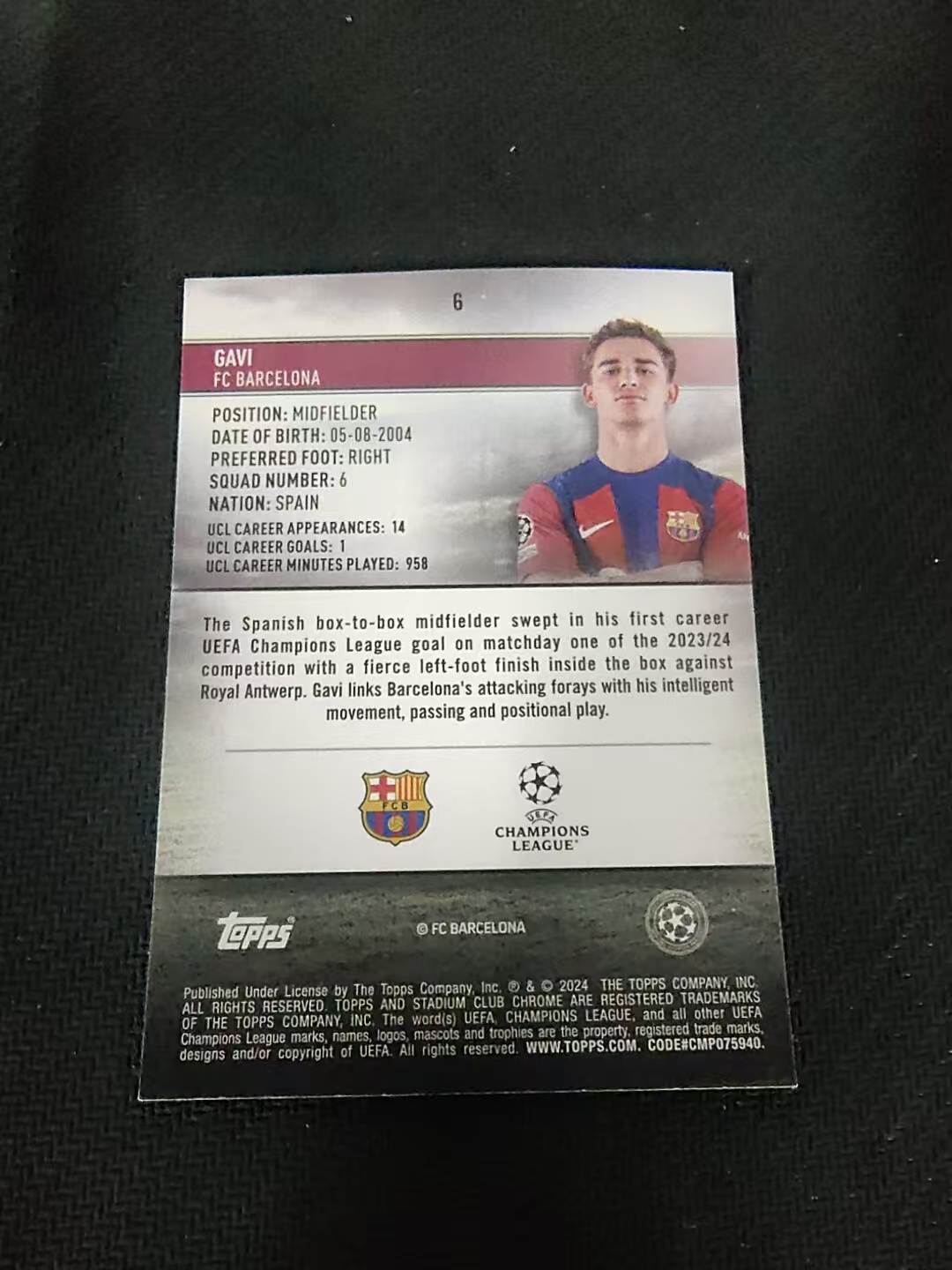 【可合并,不累计】2024 Topps Stadium Club Chrome GAVI 巴塞罗那 巴萨 加维 竞技场 欧冠 划痕 边角瑕疵 #6