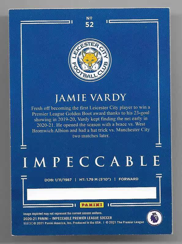 2020-21 Panini Impeccable Jamie Vardy (鸿英收藏社)2020-21 Panini 英超 小真金 莱斯特城 瓦尔迪 75编 球星卡 19/75