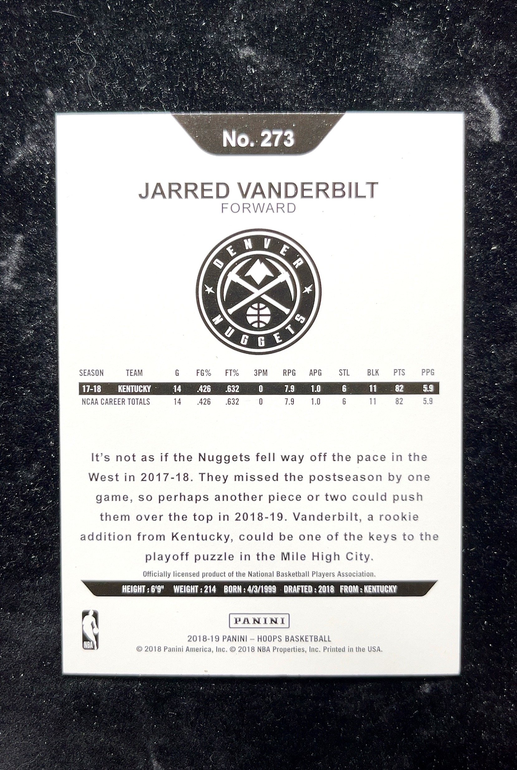 【小白1%代卖】2018 Panini NBA Hoops Jarred Vanderbilt 贾雷德·范德比尔特 新秀 RC 卡品如图 高价值 #273 Denver Nuggets 0702