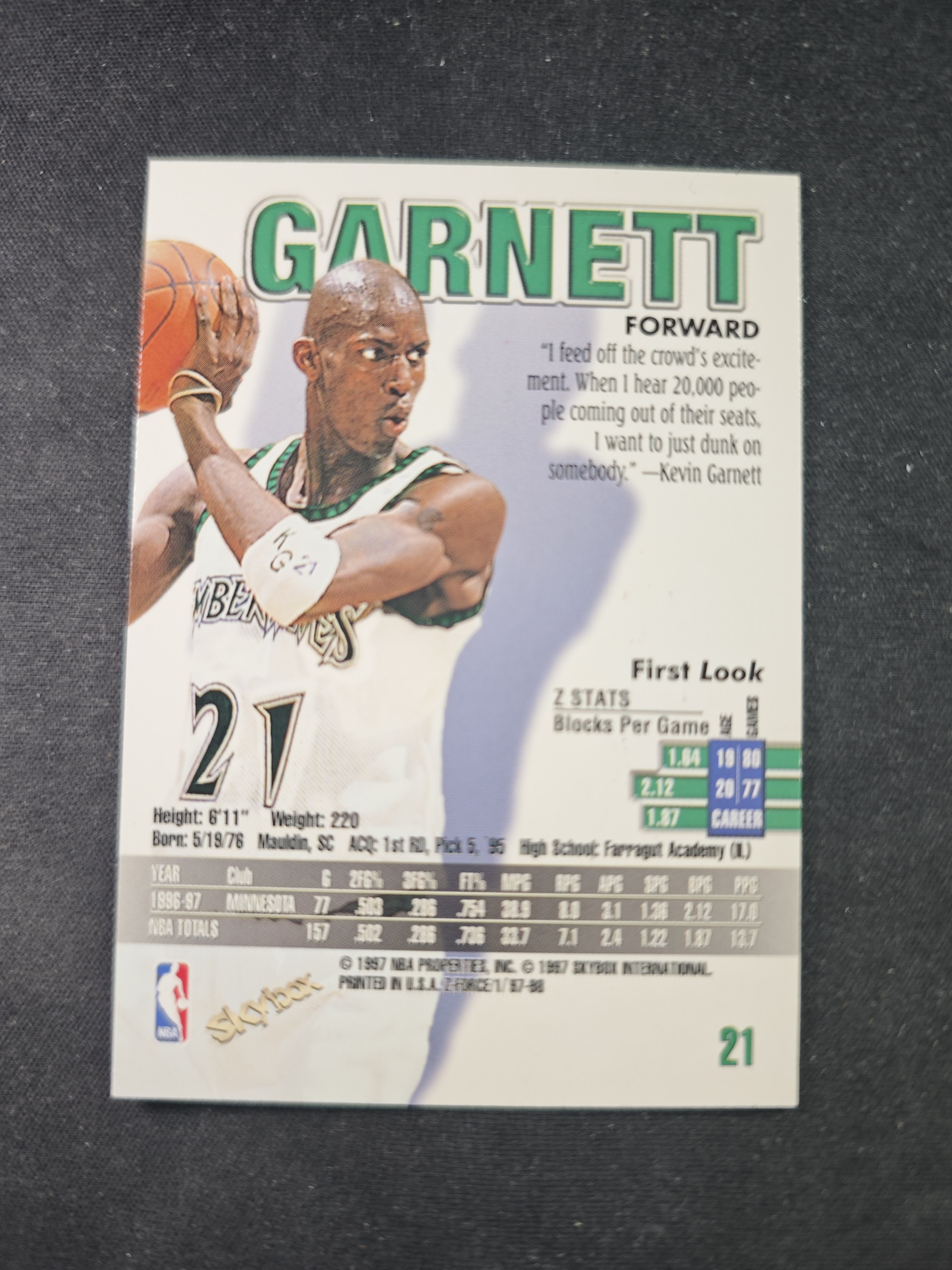 【蛤蟆特卖】凯文 加内特 狼王 1997 SKYBOX Z-FORCE系列 经典设计 超级漂亮 绝版好卡 稀有老特 选图超帅 左下角边框破损 卡品如图 专收必备!