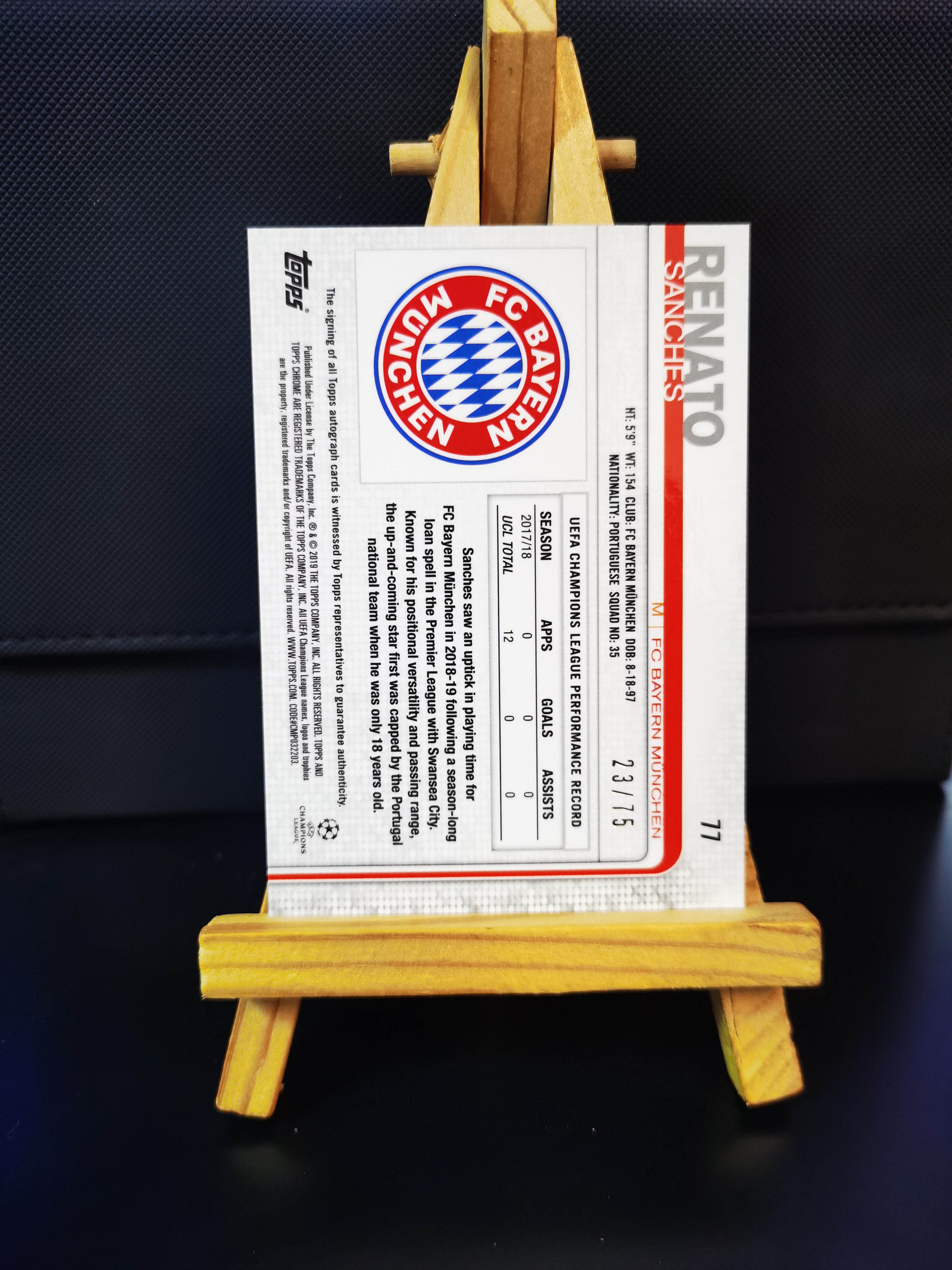 2019 Topps Chrome Renato Sanches #77 /75编 欧冠 雷纳托桑切斯 签字 元年TC 拜仁慕尼黑 葡萄牙 拜仁