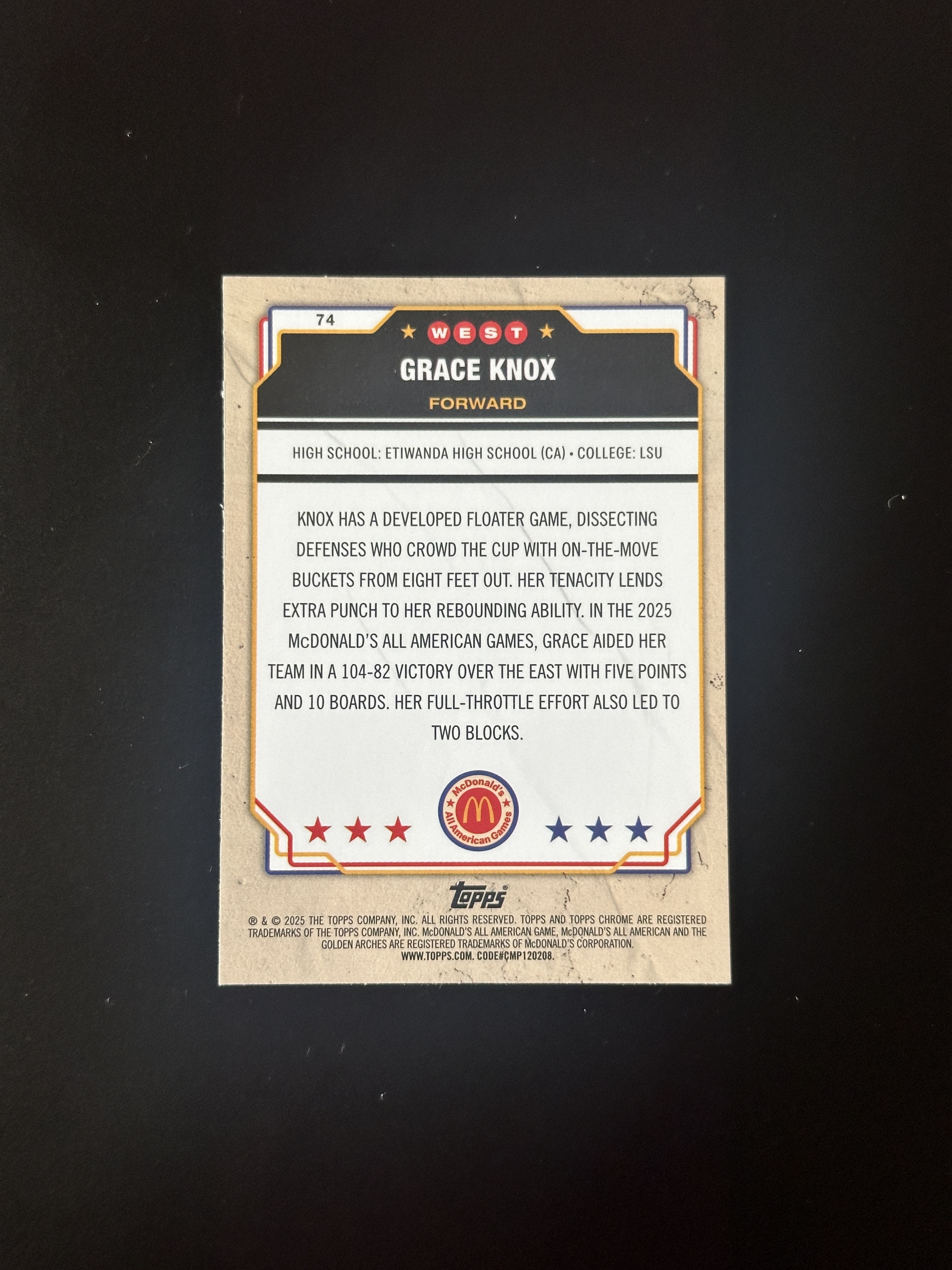 2025 Topps McDonald's Grace Knox RC TC 麦当劳全明星 格雷斯 诺克斯 编号74 碎钻折 折射 明星高中生 收藏必备 卡品如图