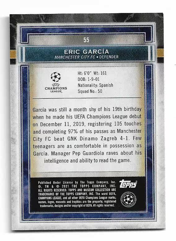 2020-21 Topps Museum Eric Garcia (鸿英收藏社)2020-21 Topps 欧冠博物馆 曼城 加西亚 75编 蓝折 球星卡 30/75