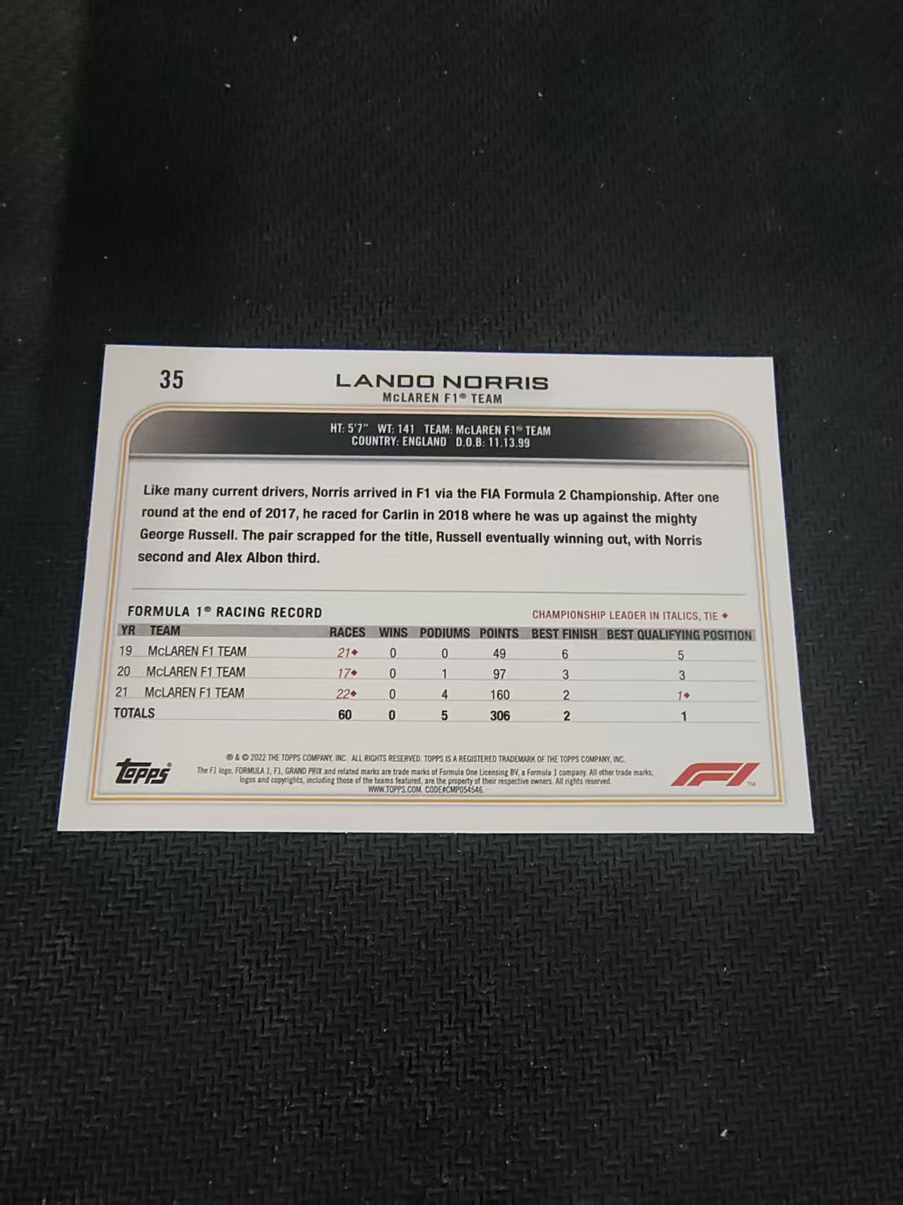 【汽水拍卖】2022 Topps Chrome F1 Lando Norris 诺里斯 迈凯伦 黑白棋盘 划痕 边角瑕疵 #35