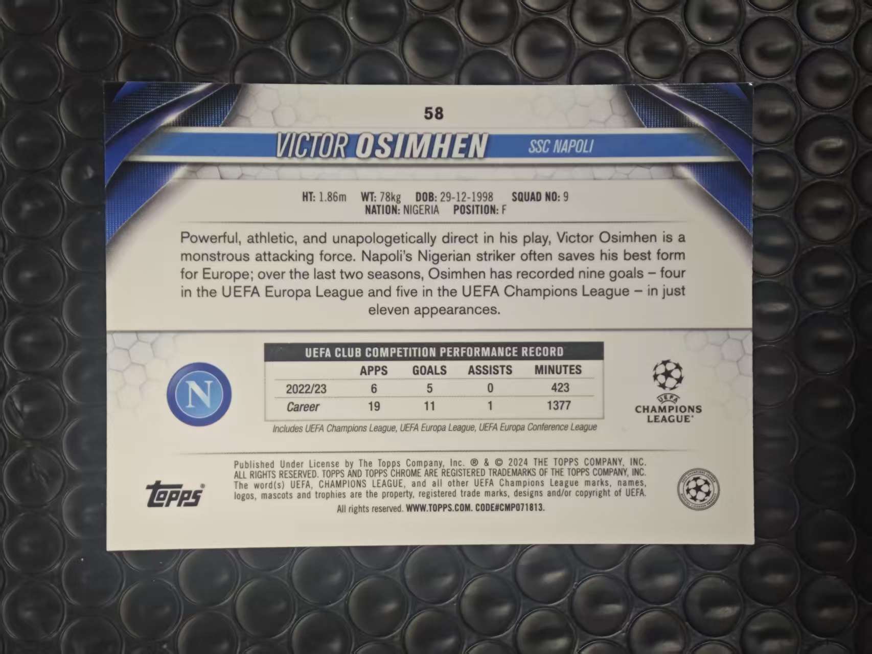 2024 Topps Chrome Victor Osimhen 欧冠TC 那不勒斯 奥斯梅恩 065/399编 绿波纹折 折射 卡品如图【原地起飞卡社】MVP11.11