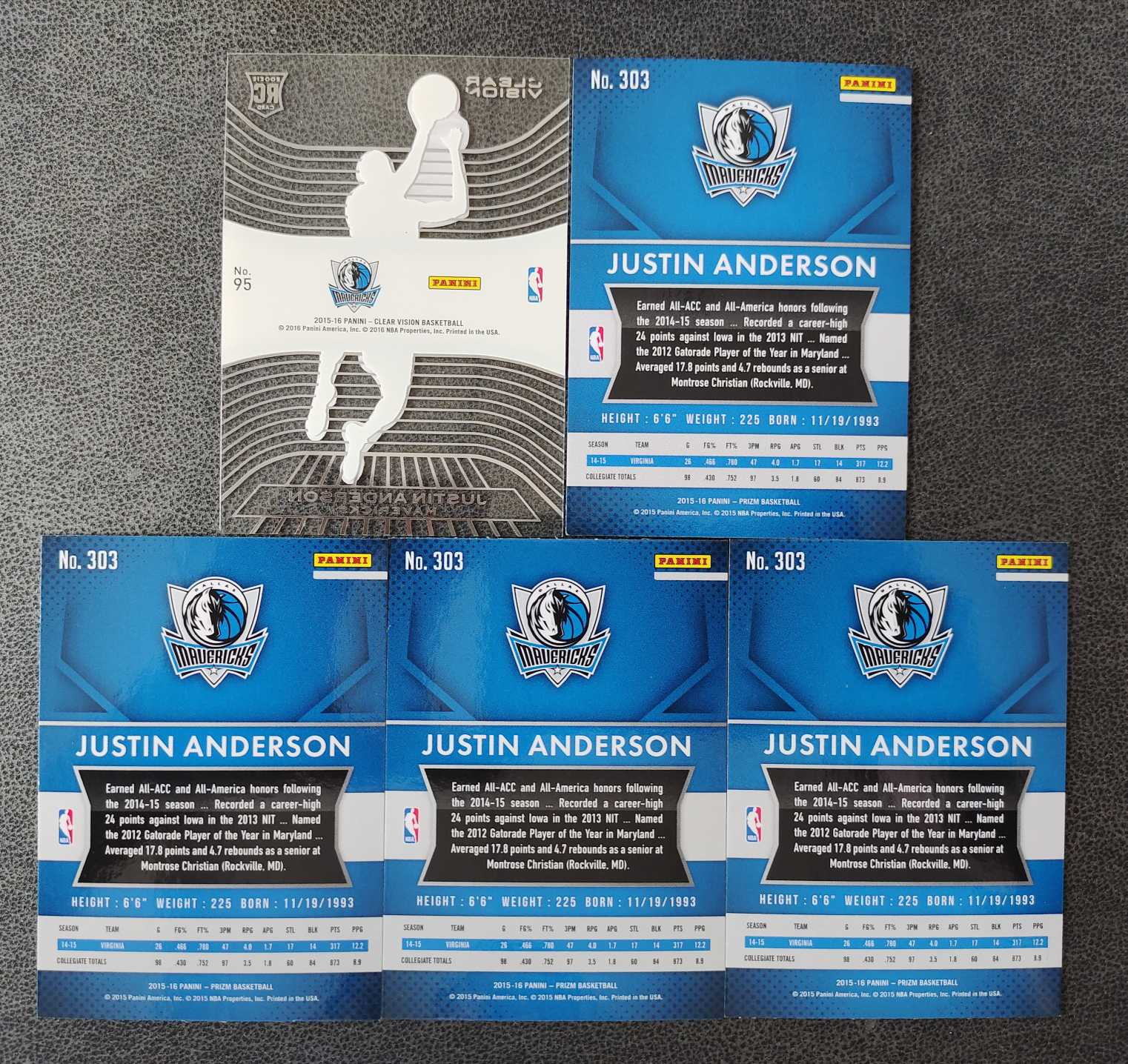 2015-16 Panini Prizm Justin Anderson RC 达拉斯 小牛队 独行侠队 贾斯汀 安德森 新秀普卡 五张打包