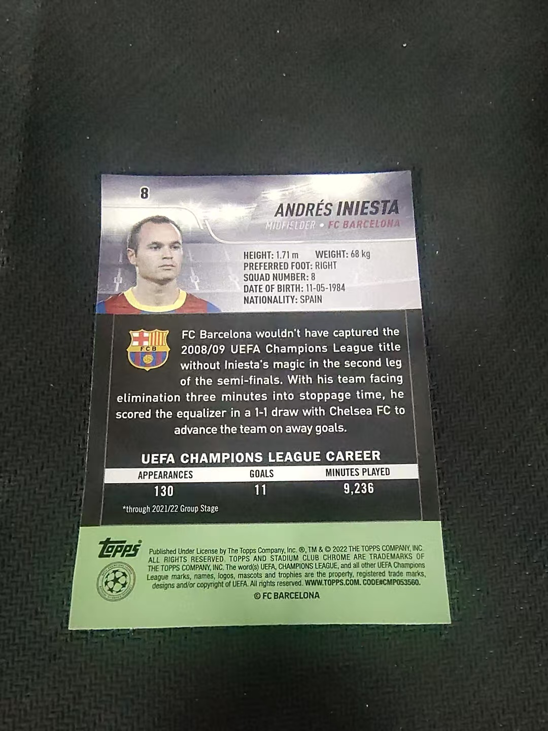 【可合并,不累计】2022 Topps Stadium Club Chrome Andres Iniesta 伊涅斯塔 巴塞罗那 竞技场 欧冠 划痕 边角瑕疵 #8