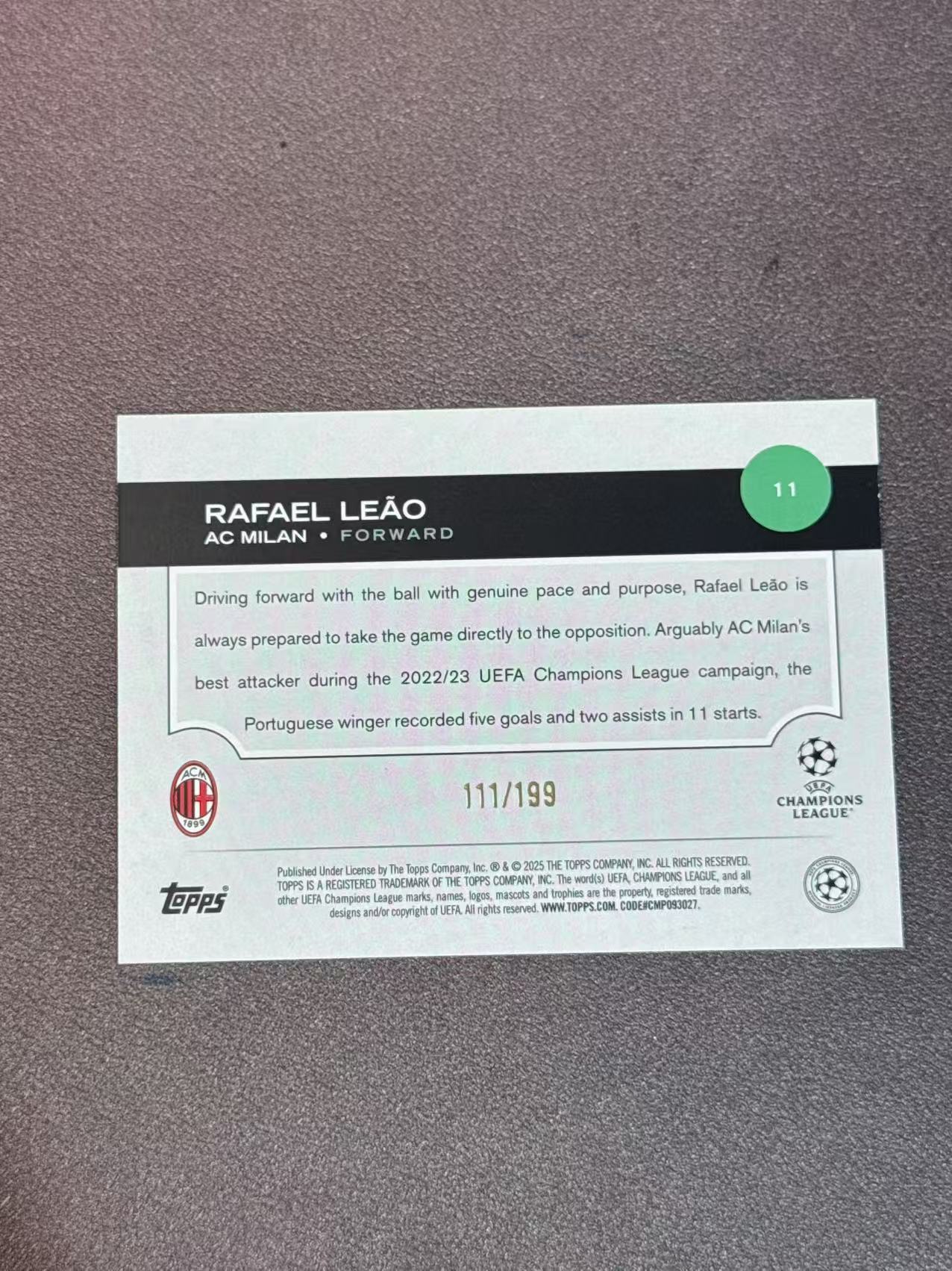 2025 Topps Topps Rafael Leao 莱奥 葡萄牙 AC米兰 欧冠 绿火焰折 199编 收藏必备